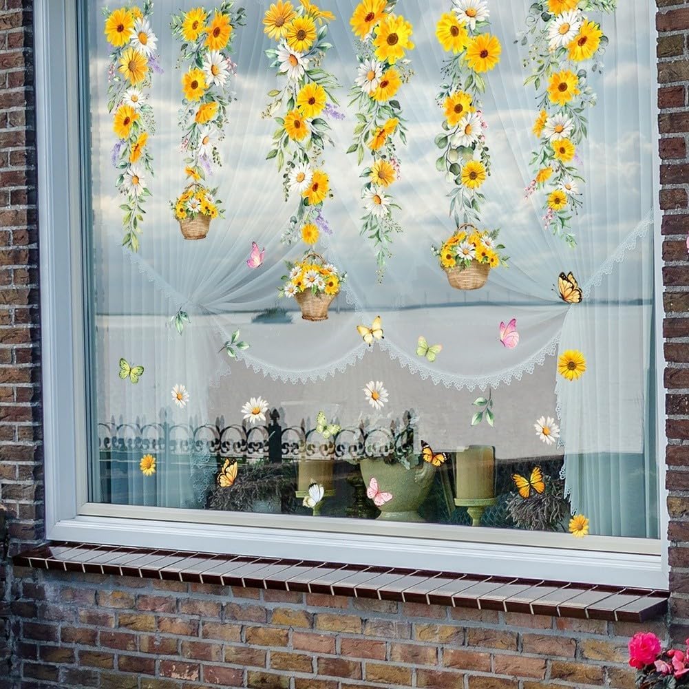 AIKEOU Floral Daisy Vine Butterfly Window Clings with Static Cling Functionality, Contemporary Design for Indoor Glass Applications
