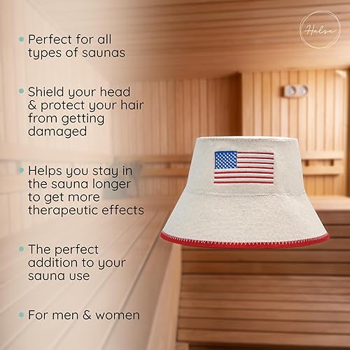 Miniatura 4 de Halsa Sombrero de sauna, gorra de sauna de lana natural para hombres y mujeres, bandera de Estados Unidos, arnés aislante ecológico para spa, sala