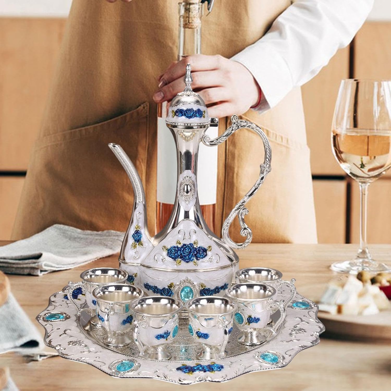 Vintage Turkish Coffee Pot Set Metal Wine Glass Jug Set Beverage Drinkware Tea Serving Set for Living Room Home Wedding, Gold(Blue)