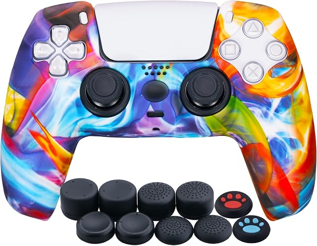 YoRHa Water Transfer Printing Silicone Thickened Cover Skin Case for PS5 Dualsense Controller x 1(Colorful stream) with Thumb Grips x 10
