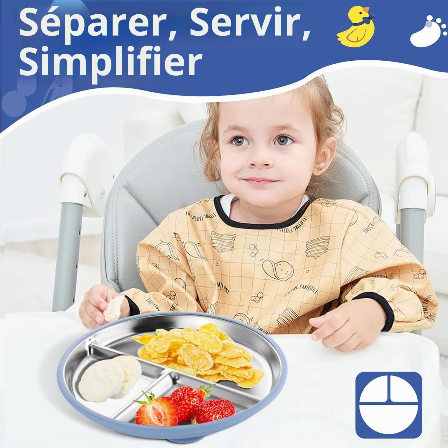 Set De 2 Assiettes En Acier Inoxydable Avec Ventouse Pour Bébé Et set De 1 Cuillères Et Fourchettes, Repas Antidérapant pour Bébé, non toxique et sans BPA