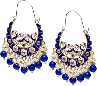 Indian Hand-Painted Peacock Meenakari Hoop Chandbali Earrings For Women (Weightless, Color Drops)