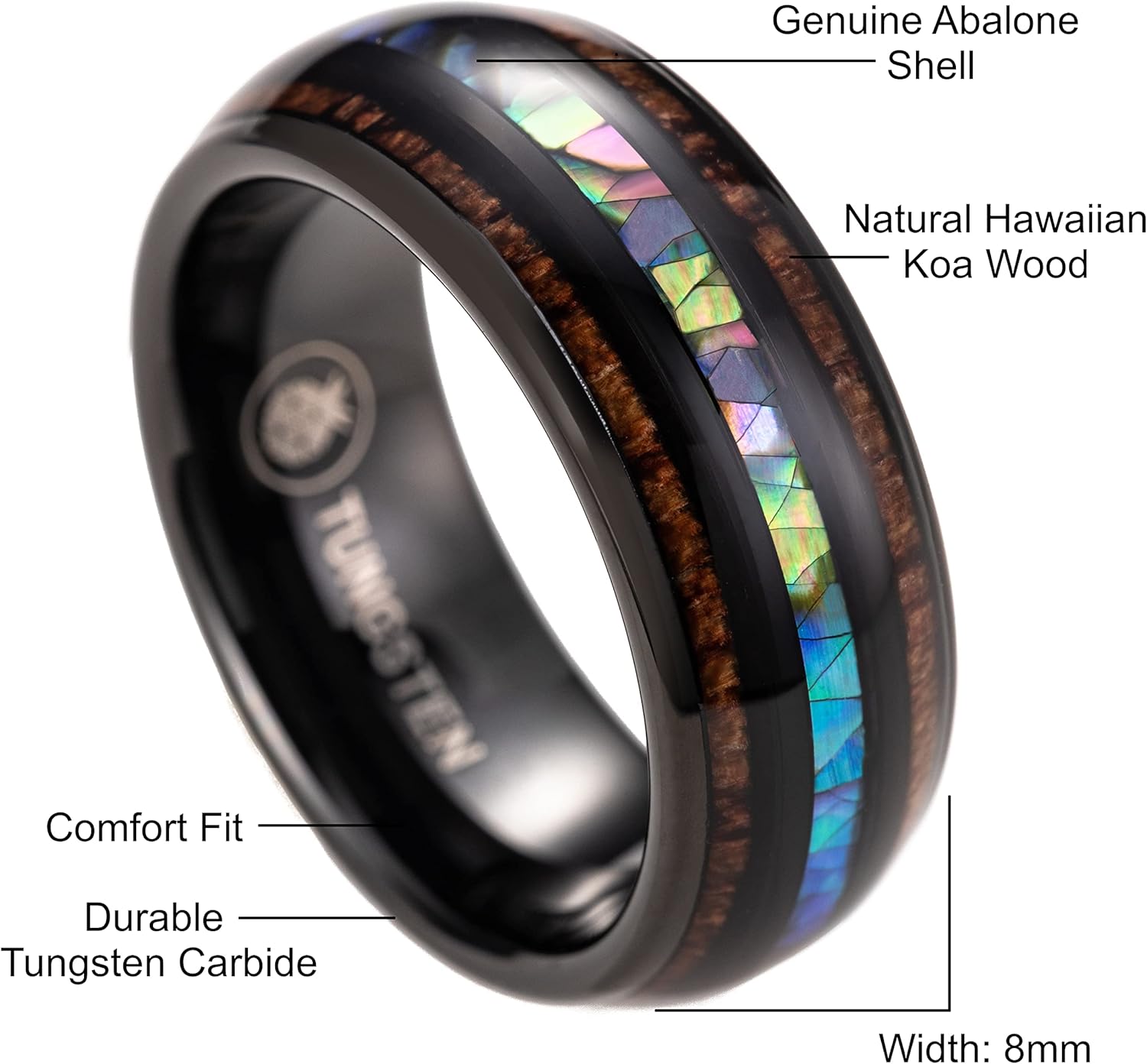 8mm Tungsten Carbide Hawaiian Koa Wood Tree and Abalone Shell Inlay Mauka to Makai Comfort Fit Ring Engagement Wedding Band Dome Style Weighted High Polished with Gift Box