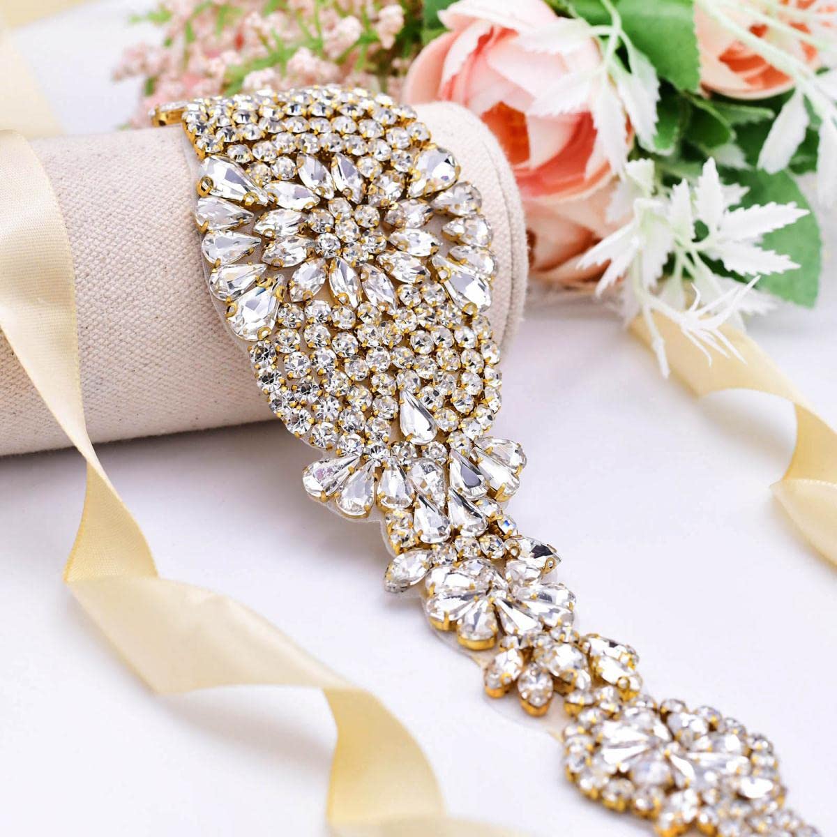 Cinturones de diamantes de imitación para mujer, vestidos de noche, cinturón de boda, cinturón de novia, cinturón de novia, cinturón dorado para damas de honor, apliques de oro rosa, dorado (oro rosa