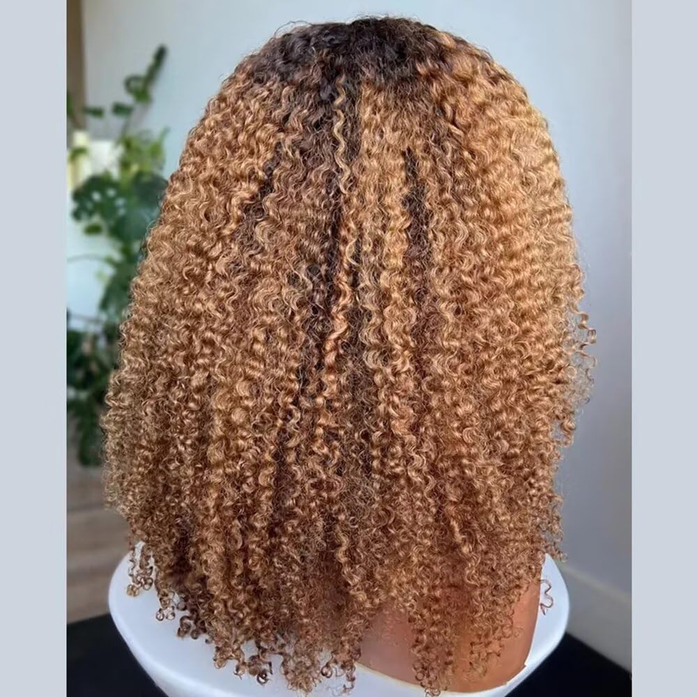 Honey Blonde and Brown Color Burmesee Curll With Bangs Transpaernt HD 13X4 Lace Front Brazilian Human Hair Glueless Wig with Bleached Knots p2 27 Colored Kinky Curly Human Hair Wig 180 Density