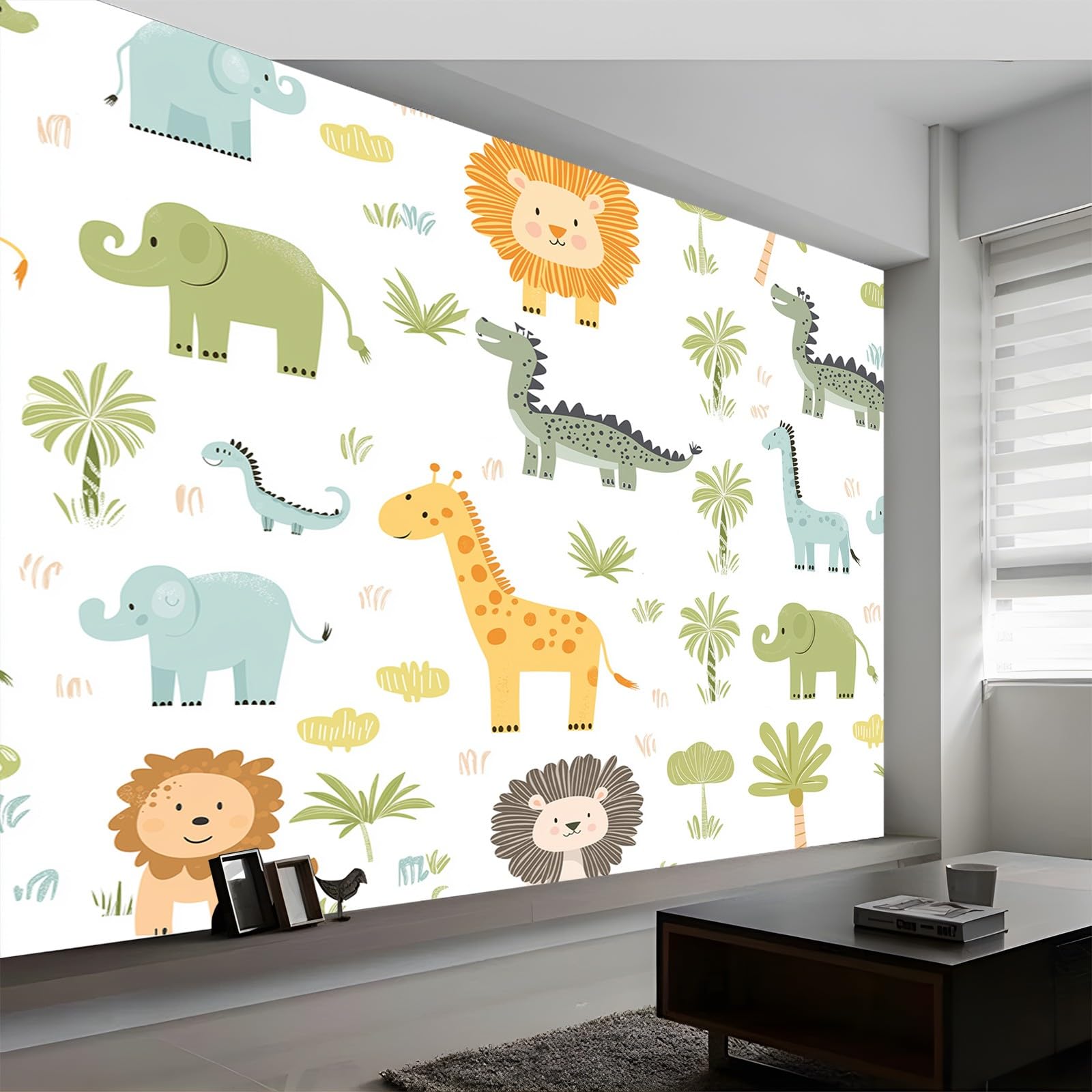 Kreskówka zwierzę lew słoń mural ścienny, kreskówka dinozaury wzór fototapeta, nowoczesna włóknina mural plakat tapeta do salonu lub sypialni dziecięcej, 300 x 210 cm (szer. x wys.)