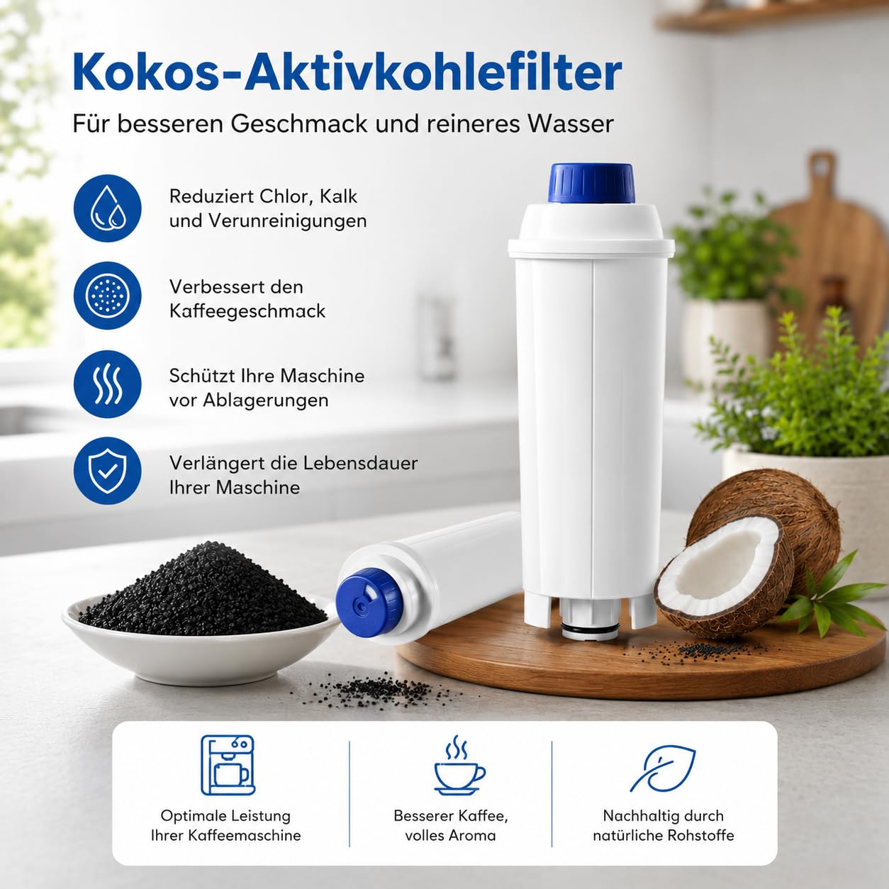 Filtro dell'acqua per Delonghi DLSC002, compatibile con ECAM, ETAM, Magnifica, Dinamica, Eletta - Filtro di ricambio al carbone attivo per macchine da caffè automatiche, senza cloro e insapore