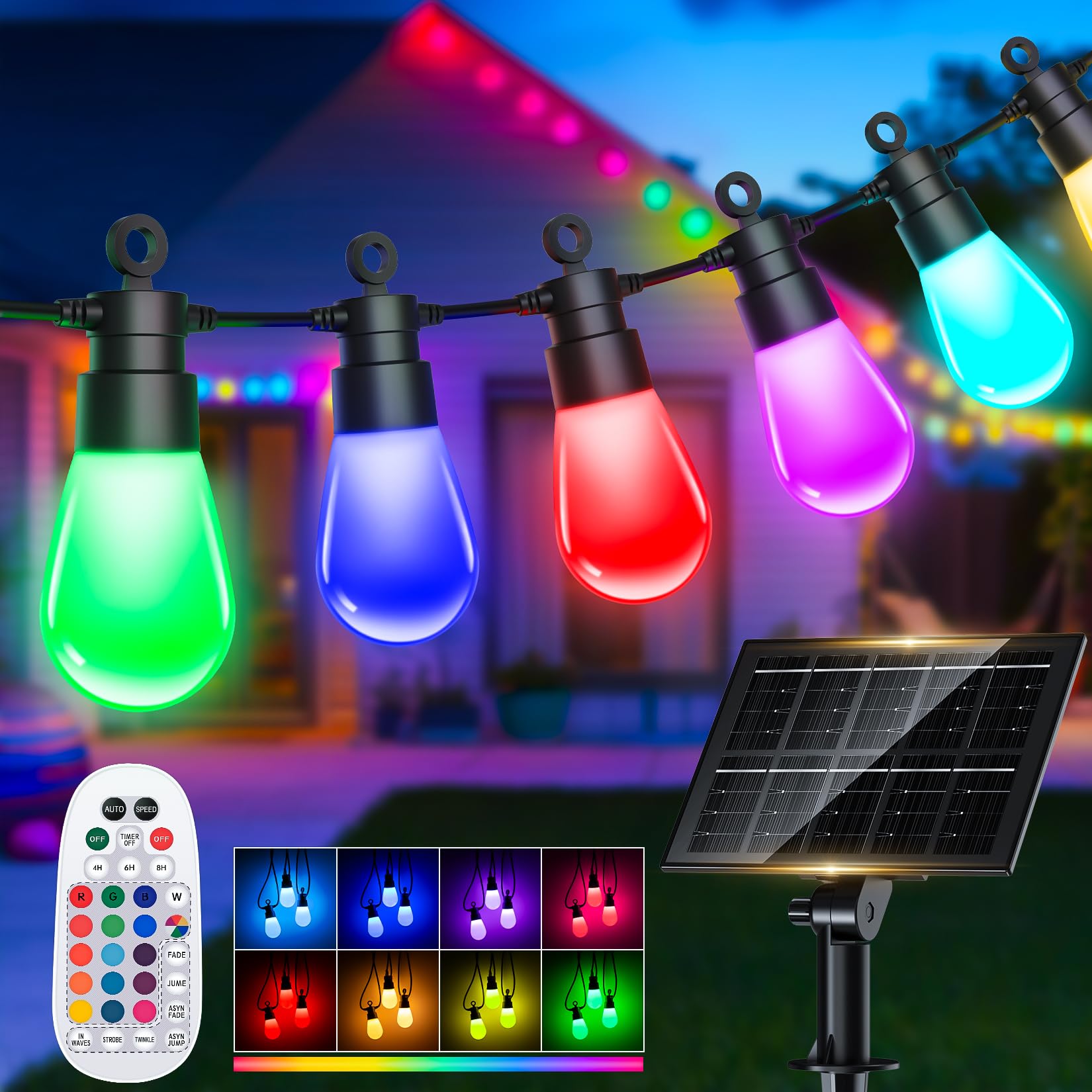 Solar String Lights Outdoor Garden - 55FT/17M Festoon Lights, RGB Colour Changing LED Bulbs with Remote Control, IP65 Waterproof Christmas Lights for Outside Gazebo Party Balcony Patio Fence