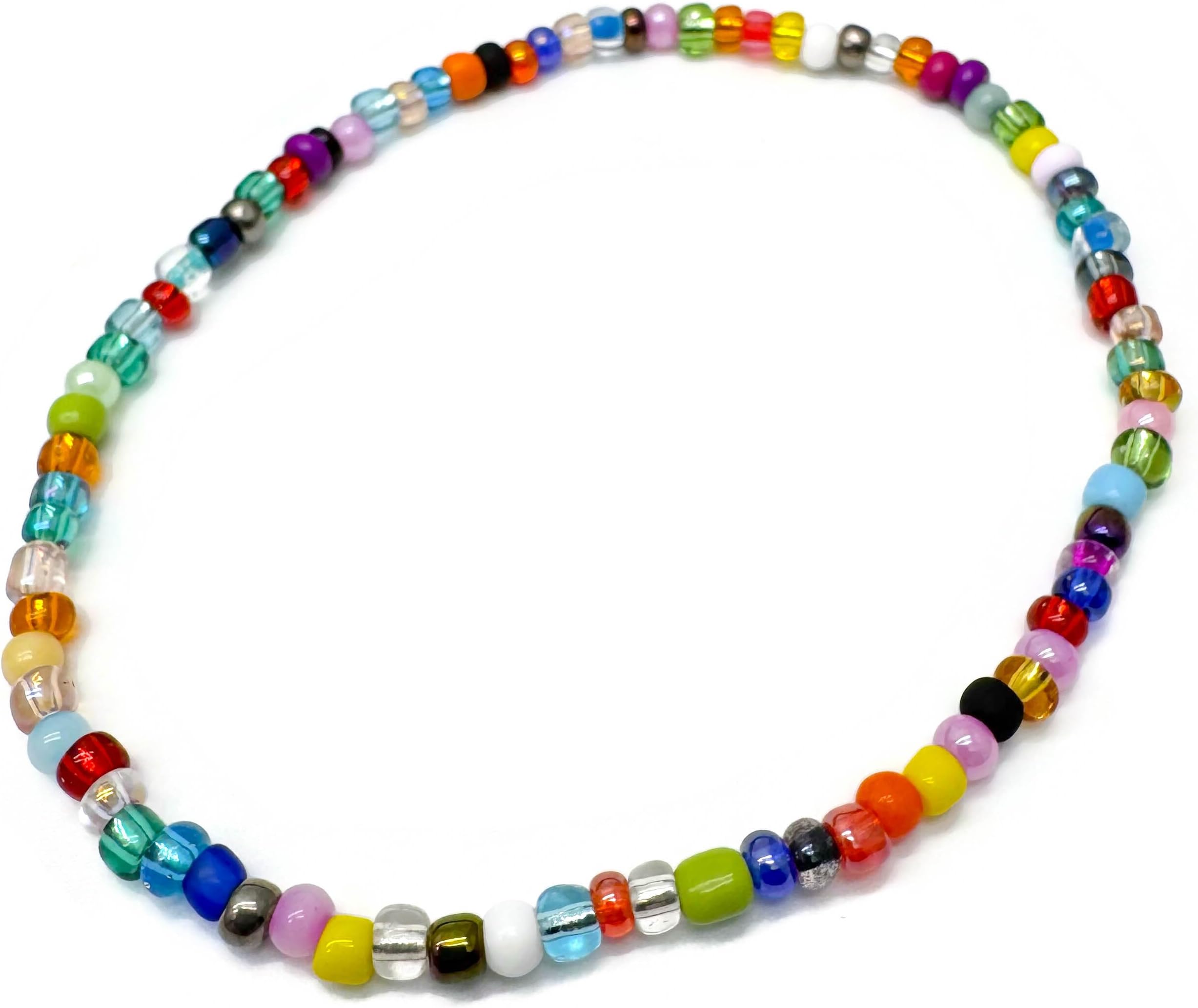 Multi-Colour Glass Seed Bead Anklet on Elastic, Colourful Handmade Design : Size M/L 10 inches, Beach Boho Summer Colours, Everyday Jewellery for Women