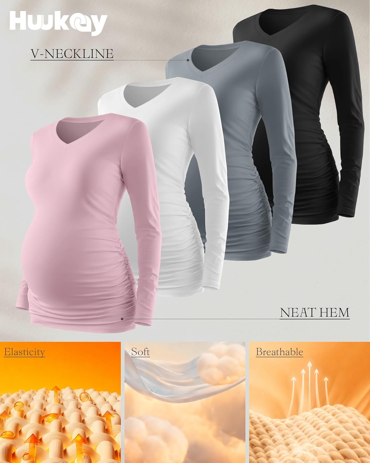 Huukeay 4 Pack Women's Maternity Shirts Long Sleeve V Neck Pregnancy Tops Side Ruched Casual Mama Clothes Basic Tunic T-Shirt - Image 2