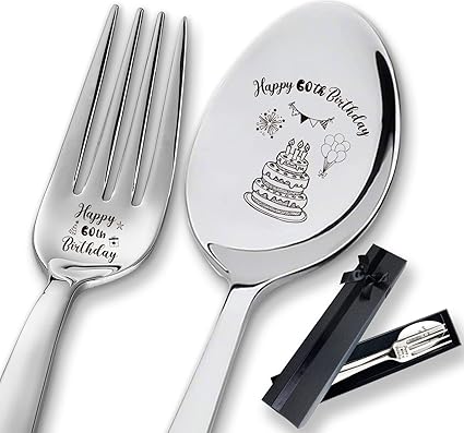 2 Pieces Happy 60th Birthday Engraved Stainless Spoon and Fork, Personalized 60 Years Old Birthday Gifts for Father Mother Grandpa Grandma Family Elders Friends