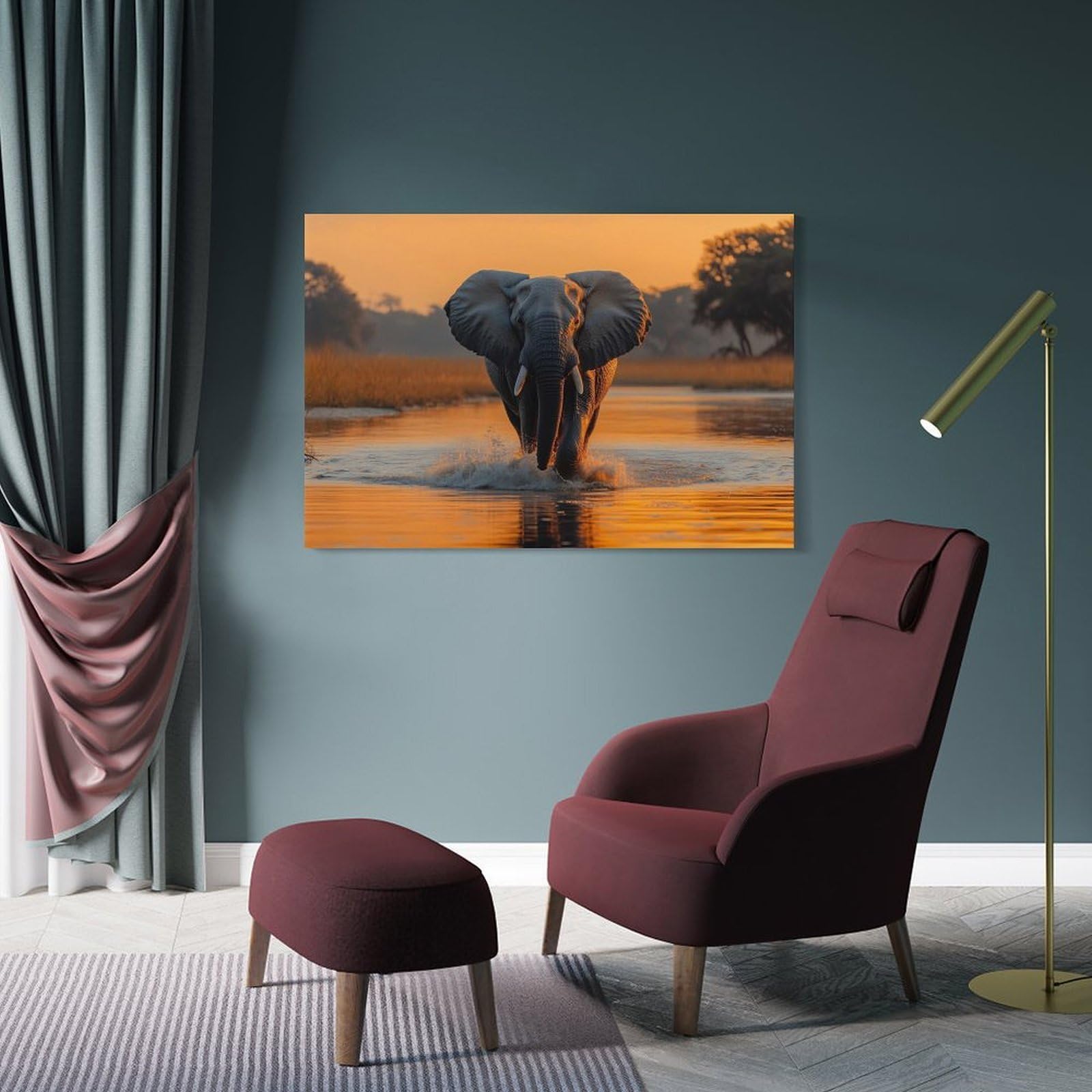 Junmoney Decorative Canvas Print Elephant Wading through Water at Sunset, 24x36inch(60x90cm), for Study, Office Or Apartment Decor, Gift Idea for Housewarming And Birthdays