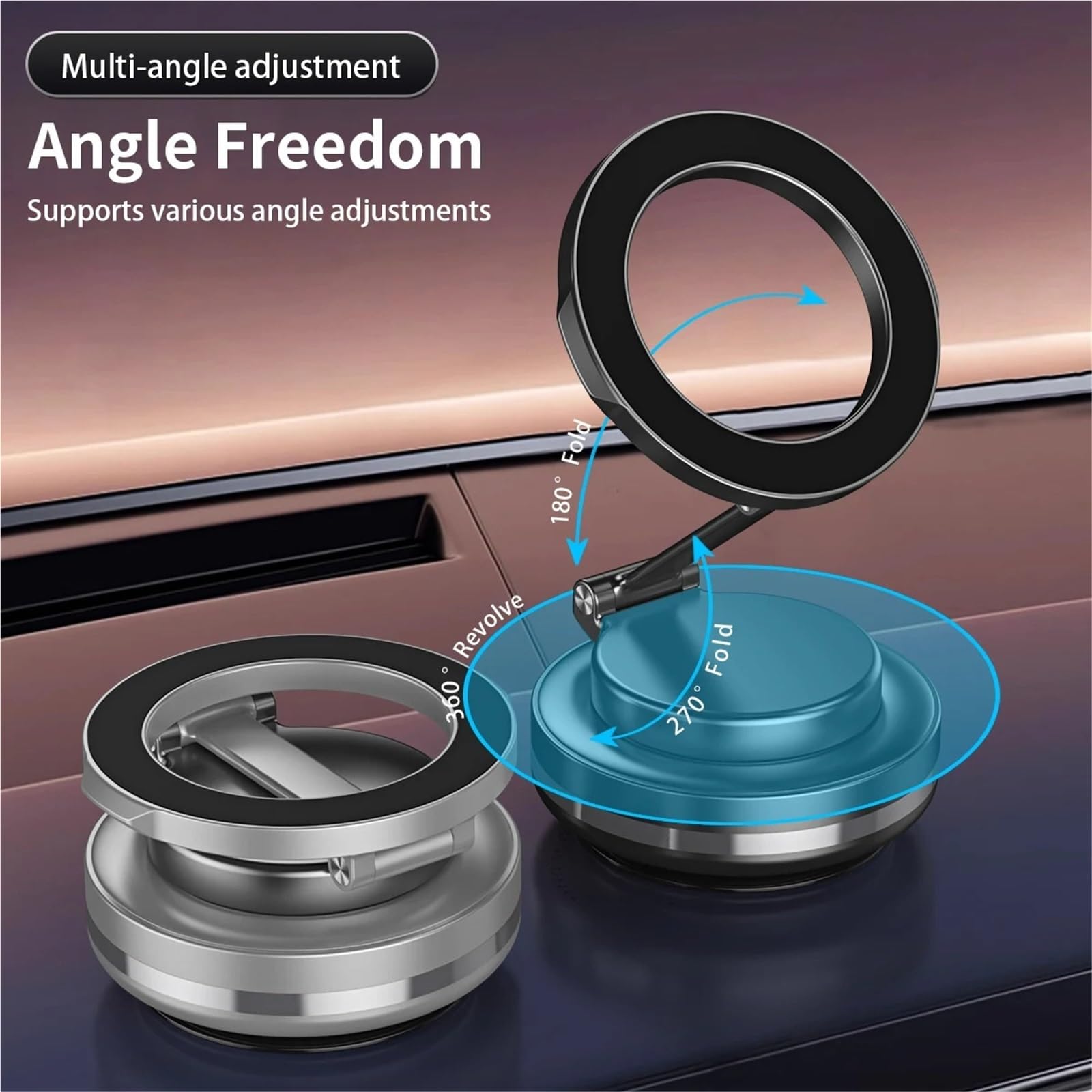 Soporte Movil Coche Soporte Auto Móvil Soporte magnético Plegable para teléfono, Soporte de Coche con succión de vacío Fuerte, Soporte de aleación de Zinc Ajustable de 360 ​​° para Escritorio