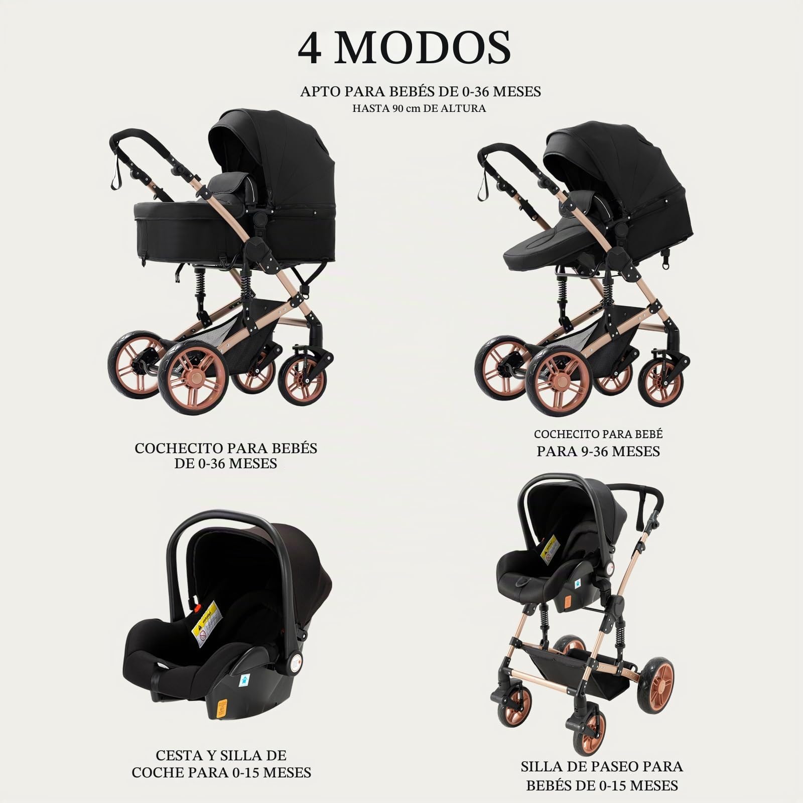 Carrito bebe 3 en 1, Capazo, Cochecito Deportivo y Silla de Coche, para Bebés de 0 a 36 Meses (Negro Oro)