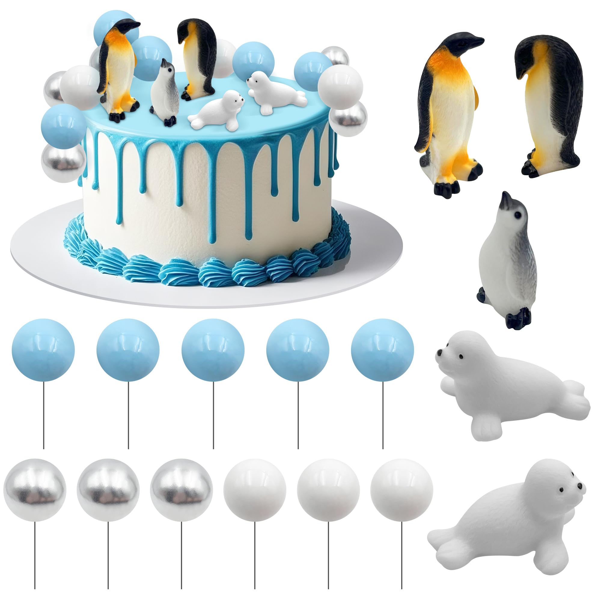 Firleayo Penguin Cake Decorations Seal Cake Topper Arctic Cupcake Topper Polar Animal Figurines Mini Penguin Themed Cake Toppers Blue White Silver Ball Toppers for Birthday Winter Christmas Party