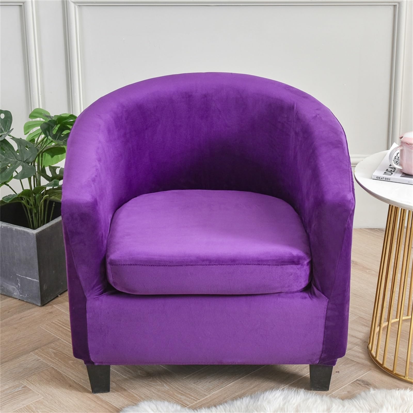 Tub Chair Covers 2 Piece Set - Soft Velvet Tub Chair Cover 2 IN 1 Design Removable Bucket Chair Covers Stretch Armchair Covers with Cushion Cover for Dining Living Room Office Reception (Purple)