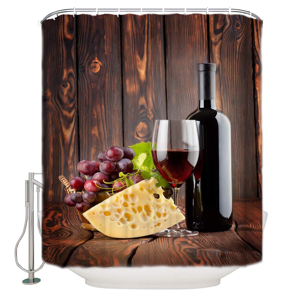 RainbowDay Shower Curtain Waterproof Shower Curtains in Bath with 12 Hooks Cheese Red Wine Grape Rustic Wood Washable Decorative Shower Curtain for Bathroom/Shower/Tub,60 x 72 Inch