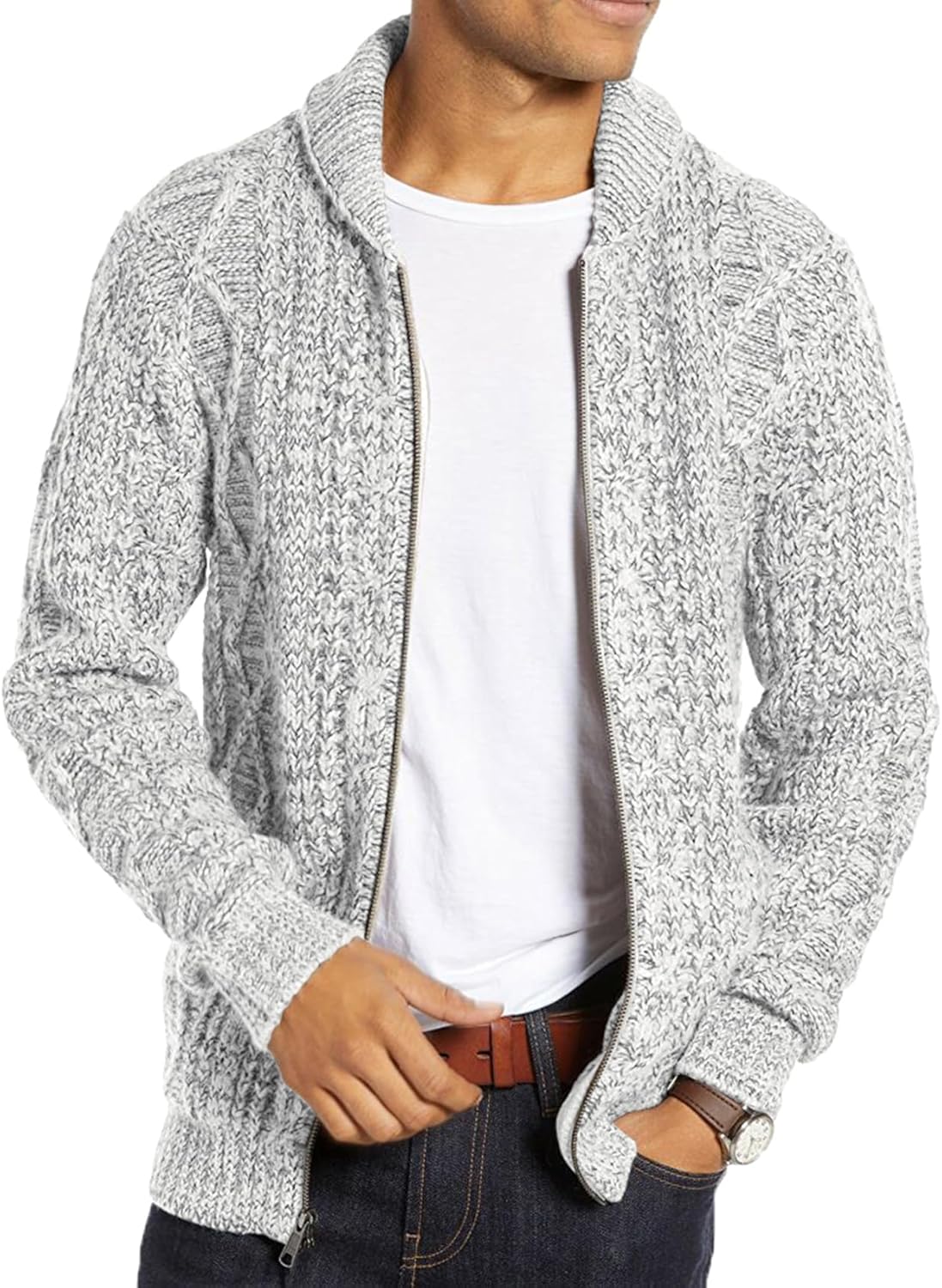 Ryannology Mens Shawl Neck Cardigan Sweater Cable Knit Zip Up Closure with Pockets Winter Sweaters Outerwear