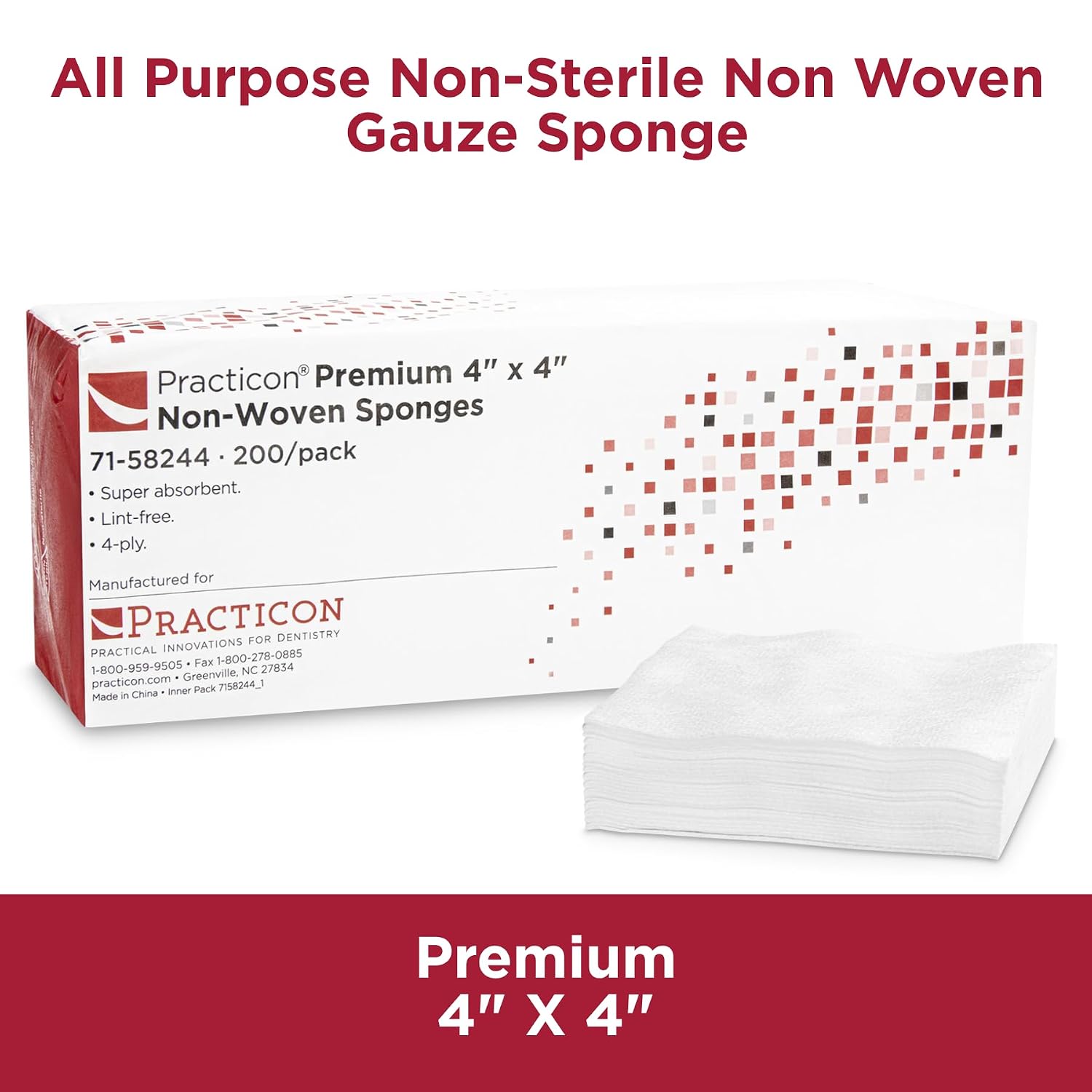 Practicon Premium 4X4 Non-Woven Gauze Sponges, Lint Free 4-Ply Gauze Pads, Non-Sterile, All Purpose for Dental, Medical, First Aid, Cleaning, Wound Care & Dressing, 1 Pack of 200 Sponges