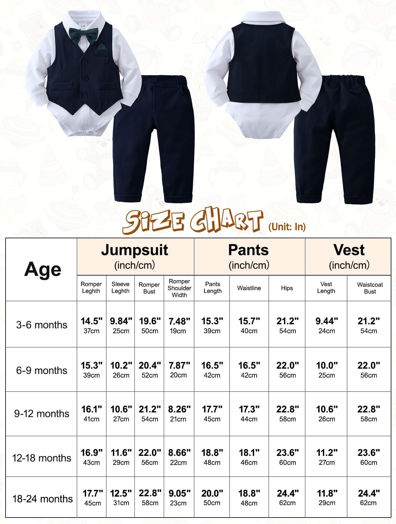 Baby Boy Clothes Outfit Suits 3-24 Months, Infant Gentleman Long Sleeve Romper Jumpsuit+Pants+Bow Tie Formal Tuxedo Clothing Set for Boys