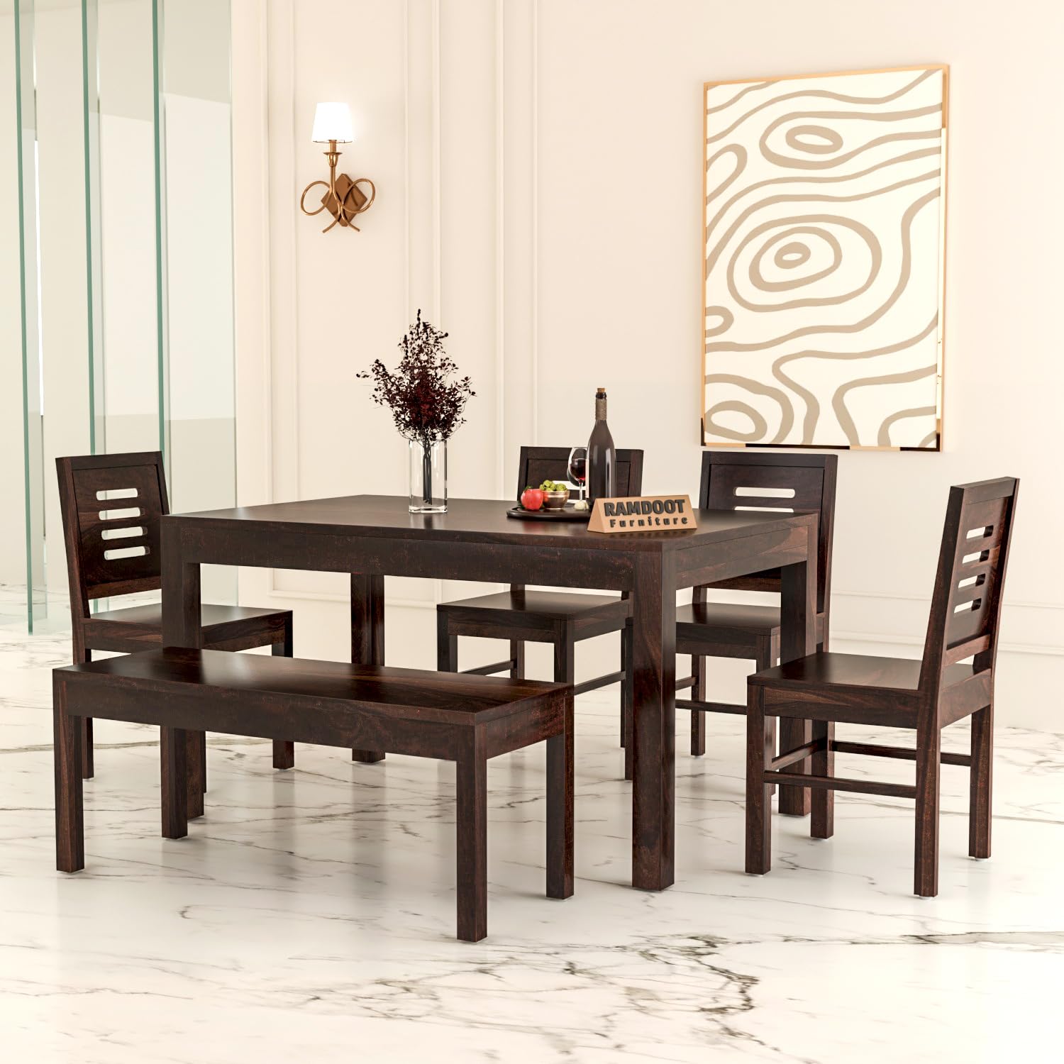 Ramdoot Furniture Solid Sheesham Wood Dining Table Set 6 Seater | Six Seater Dining Table 6 Seater with 4 Chairs & 1 Bench for Living Room | 6 Seater Dining Set for Hotel and Restaurant | Walnut