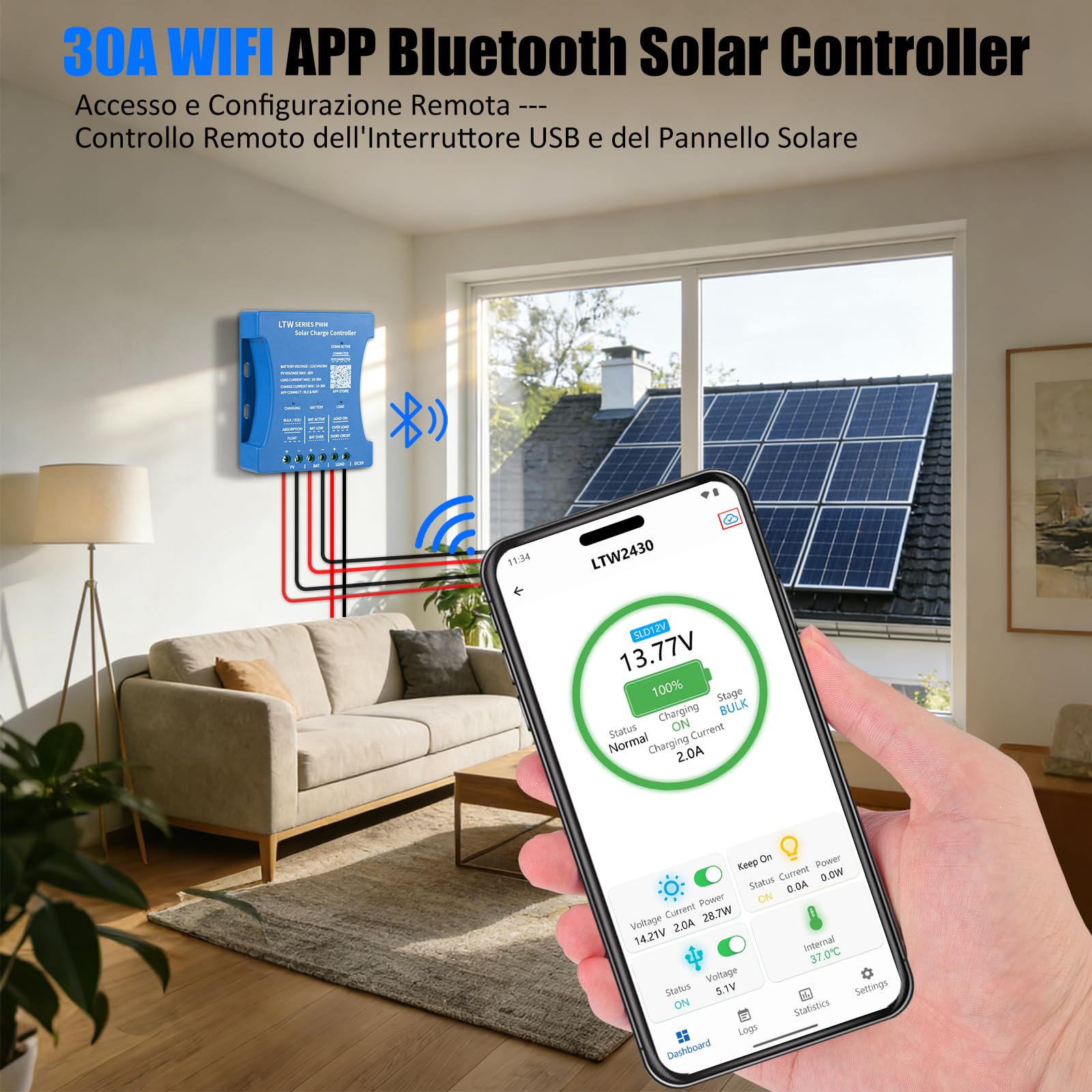 【Regolatore solare WiFi 30A 12V】Regolatore di carica solare 30A 12V/24V/36V Controllo ultra-remoto WiFi PV:80V Controller intelligente Bluetooth per pannello solare PWM per acido al piombo, LiFePO4