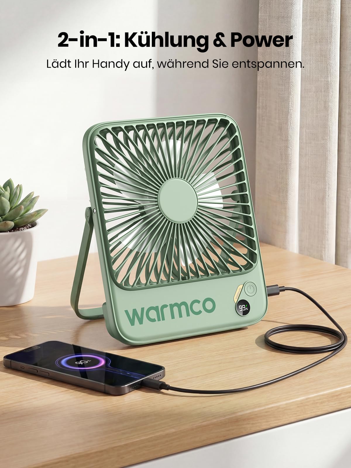 Warmco D3 Akku Ventilator 10000mAh, Tischventilator Leise, USB-C, LED-Anzeige, 4-Stufen Ventilator