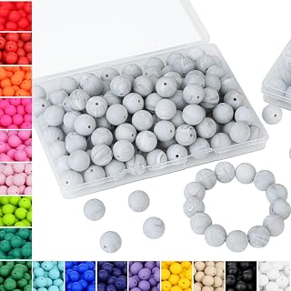 70Pcs Silicone Beads 15mm Marble White Silicone Beads for Keychain Making Rubber Round Bulk Silicone Beads for DIY Bracelets and Necklace Crafts Making (Marble White)