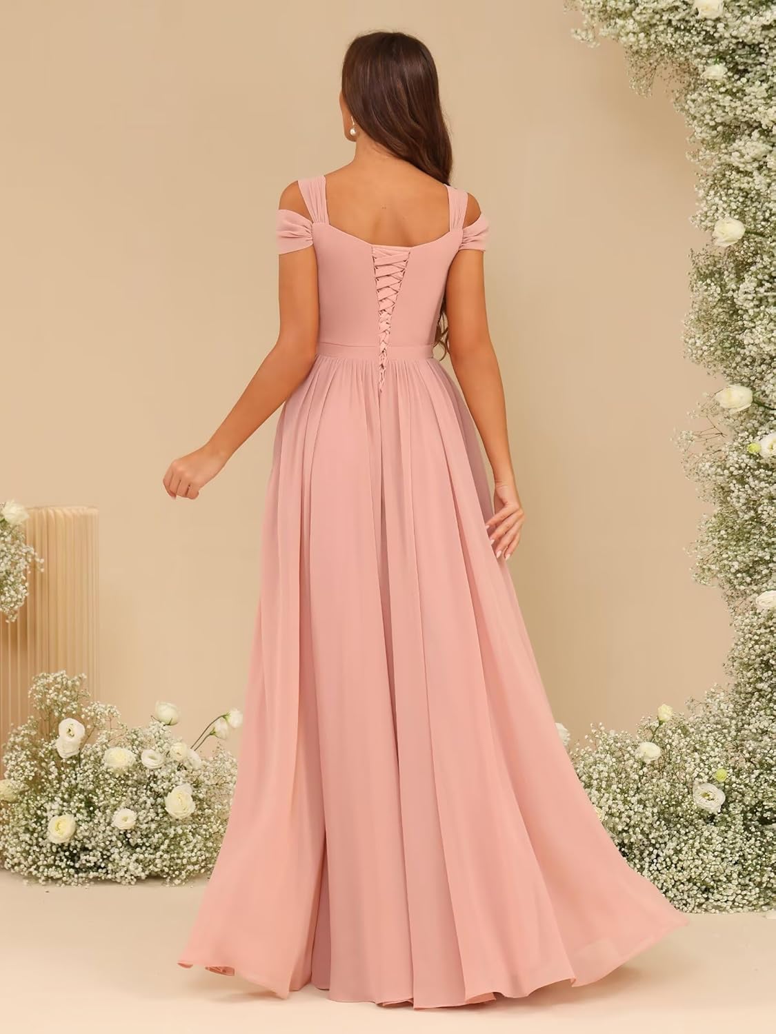 Women's Off Shoulder Bridesmaid Dress Long Chiffon A-line Pleated Maxi Formal Party Dress LE004 - Image 2