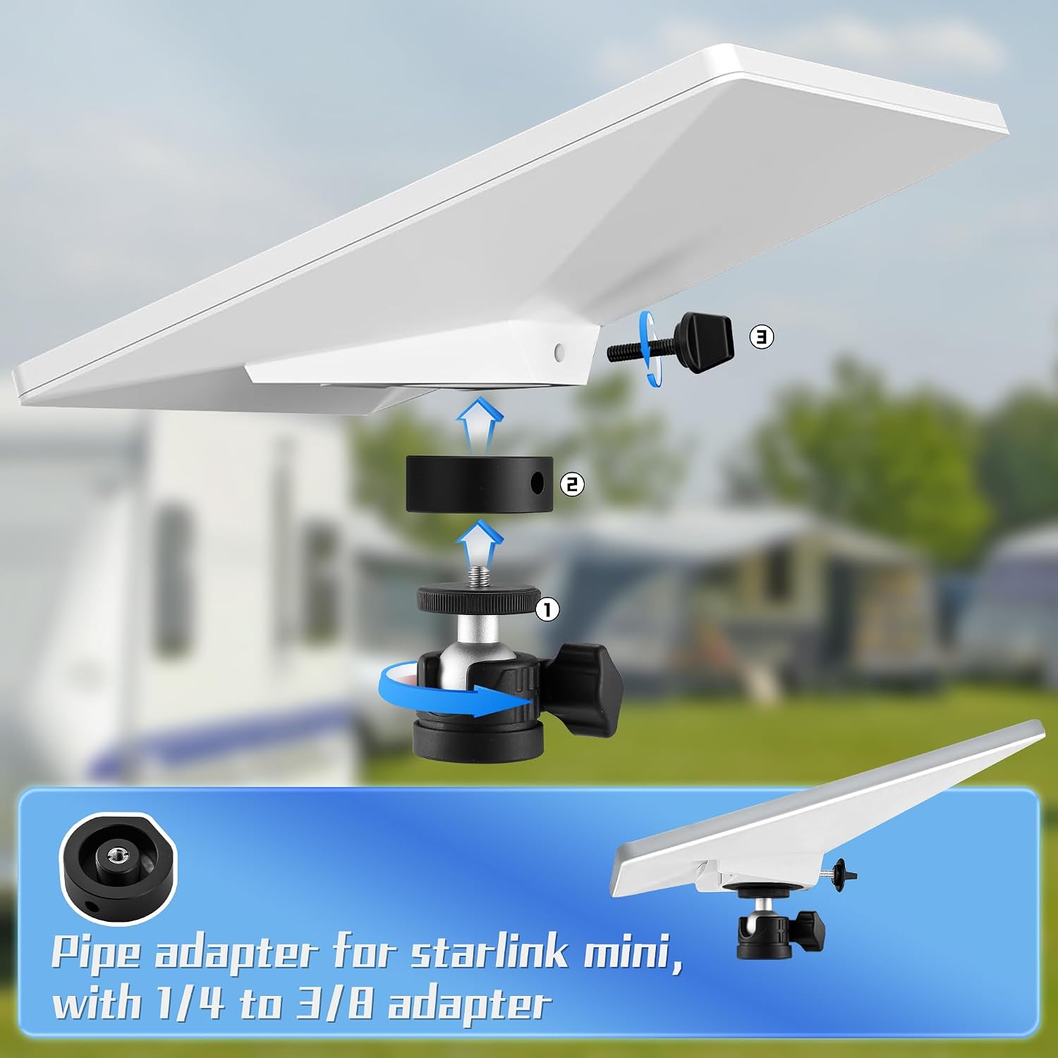 Mini Tripod Adapter with Ball Head for Starlink Mini Mount, Aluminum Alloy Starlink Mini Mount with 1/4"-20 and 3/8"-16 Threads Pipe Adapters (Starlink Mini Tripod Adapter)