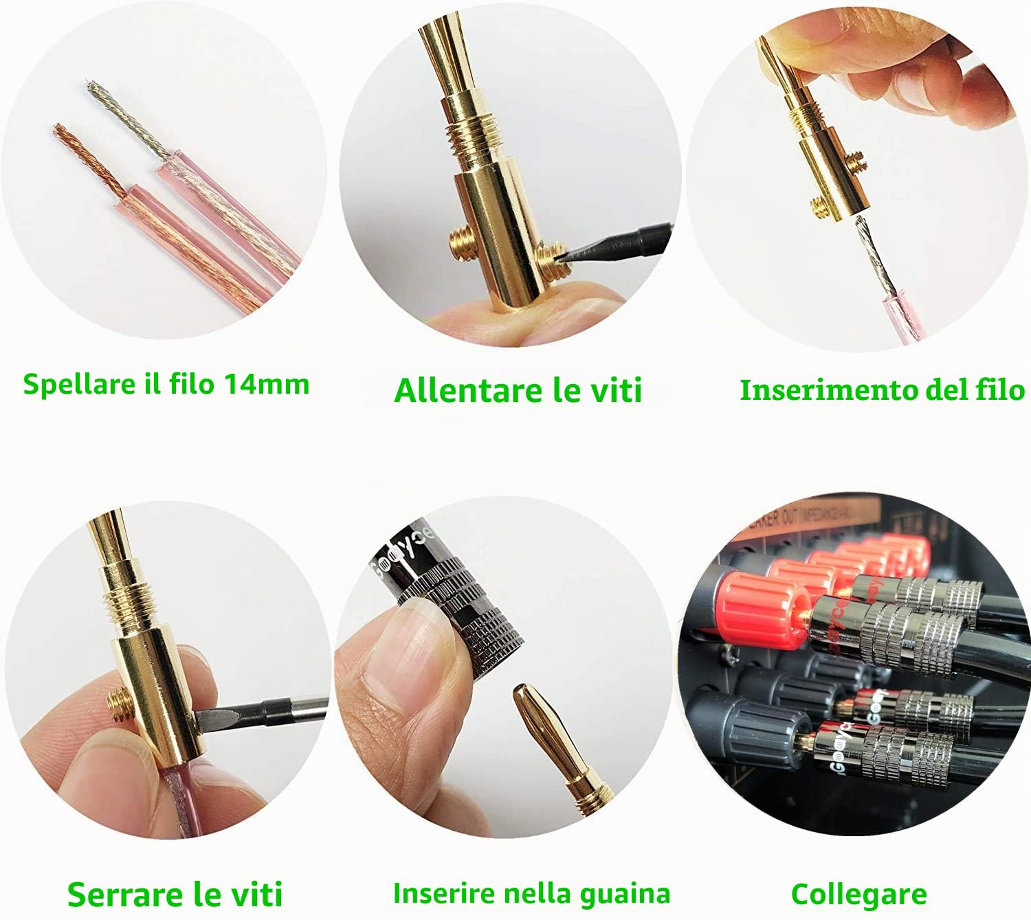 adattatori a banana da 4 mm, placcati oro 24 K, connettori per diffusori, 6 paia, 12 pezzi