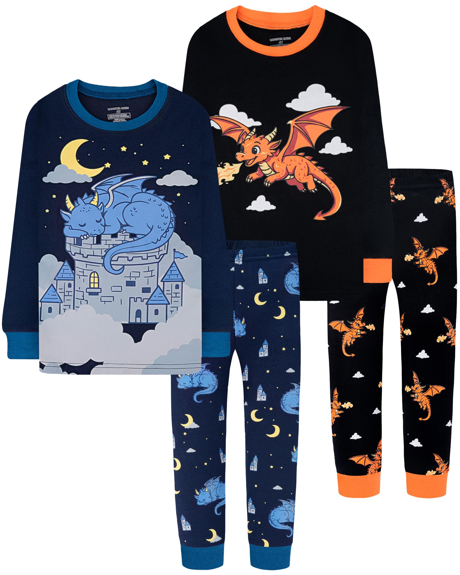 DAUGHTER QUEEN Boys Pajamas 4 Pieces Long Set 100% Cotton Sleepwear Size 18 Months-12 Years