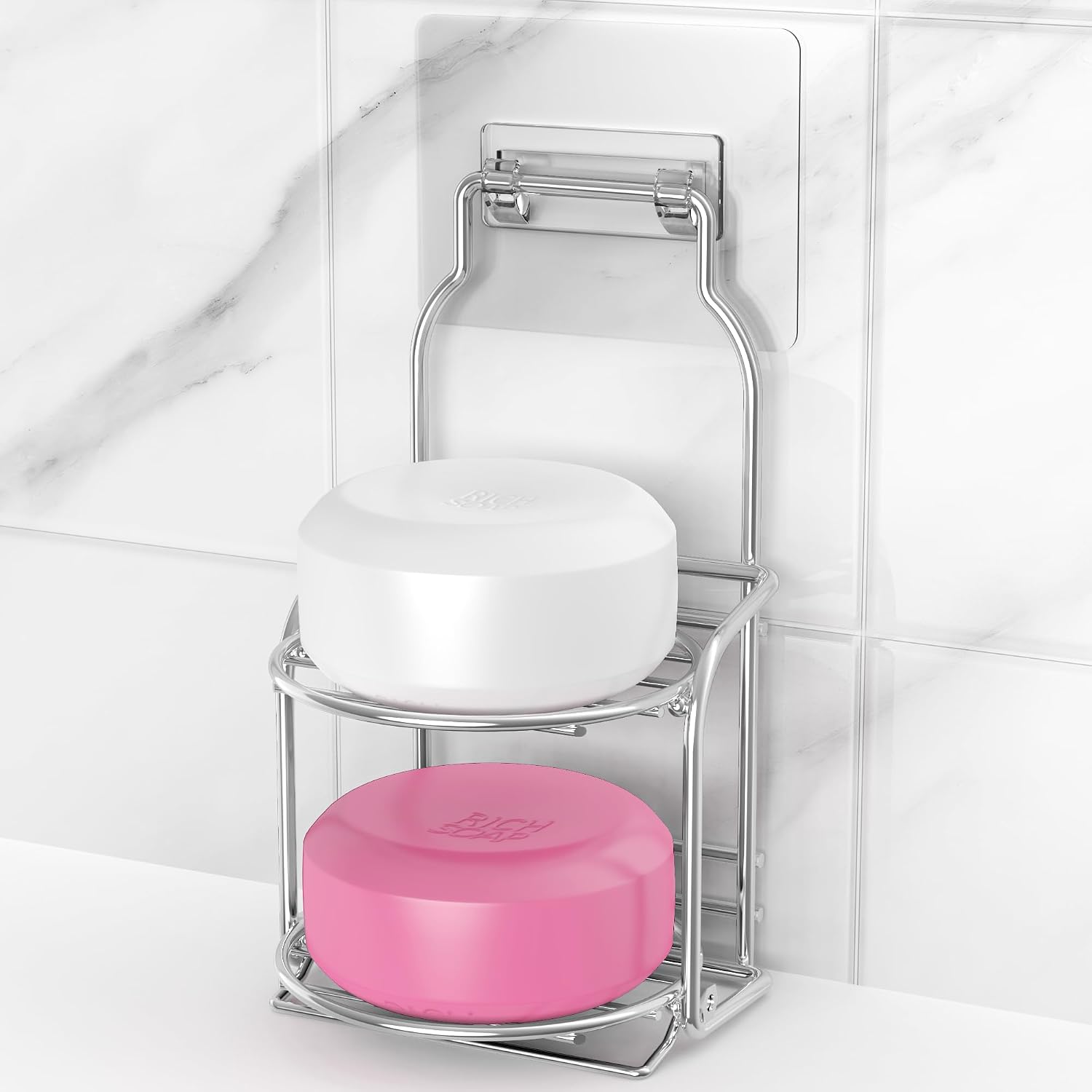 2-Tier Silver Shower Soap Shampoo Bar Holder, Self Adhesive & Freestanding Draining Soap Dish Caddy