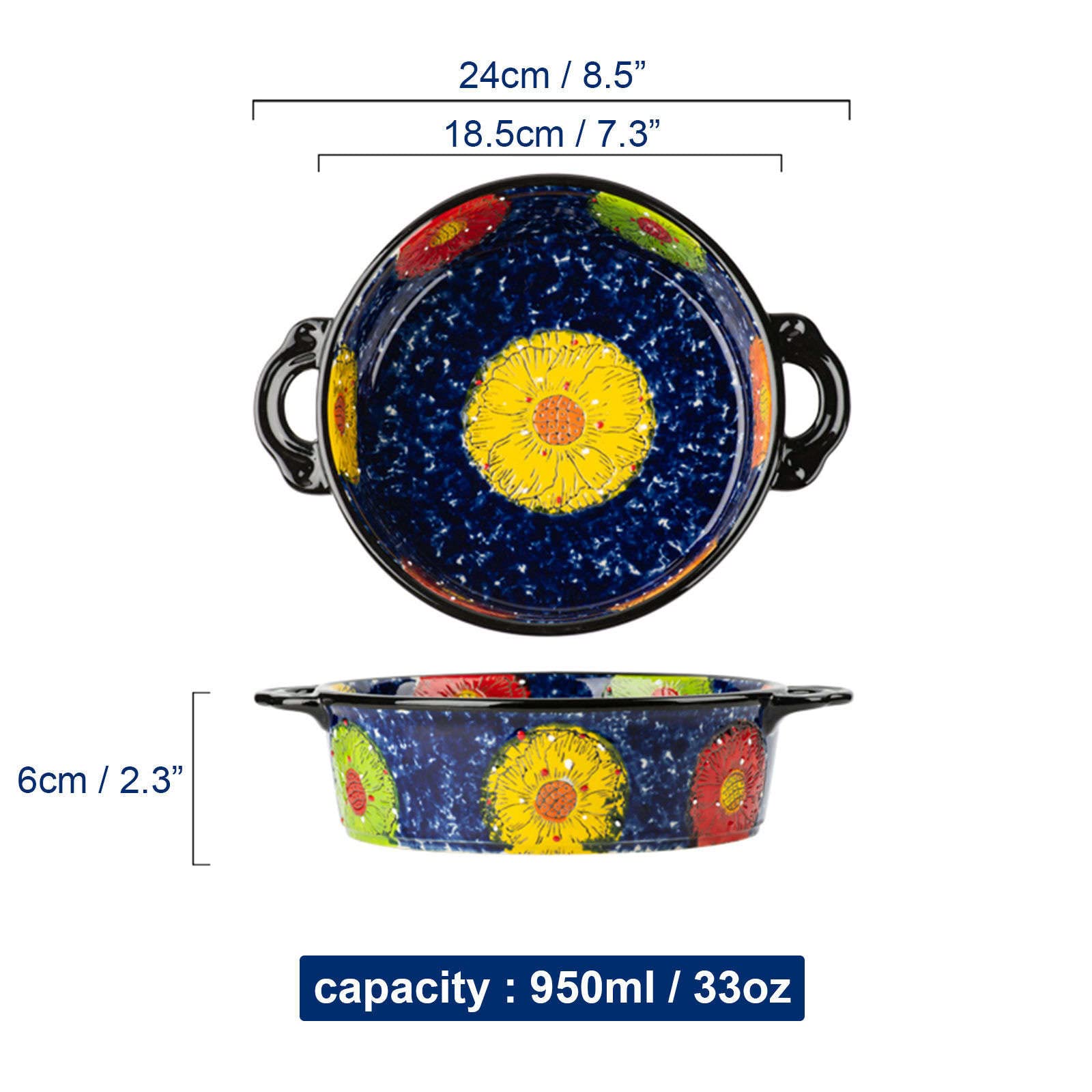 Ceramiczne naczynie do pieczenia do piekarnika, małe naczynie do zapiekania z uchwytami, piekarnik ceramiczny do pieczenia - niebieskie i kwiaty - okrągłe 950 ml
