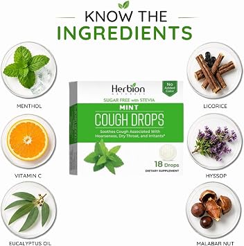 HERBION Naturals Sugar-Free Mint Cough Drops with Stevia, 18 Count