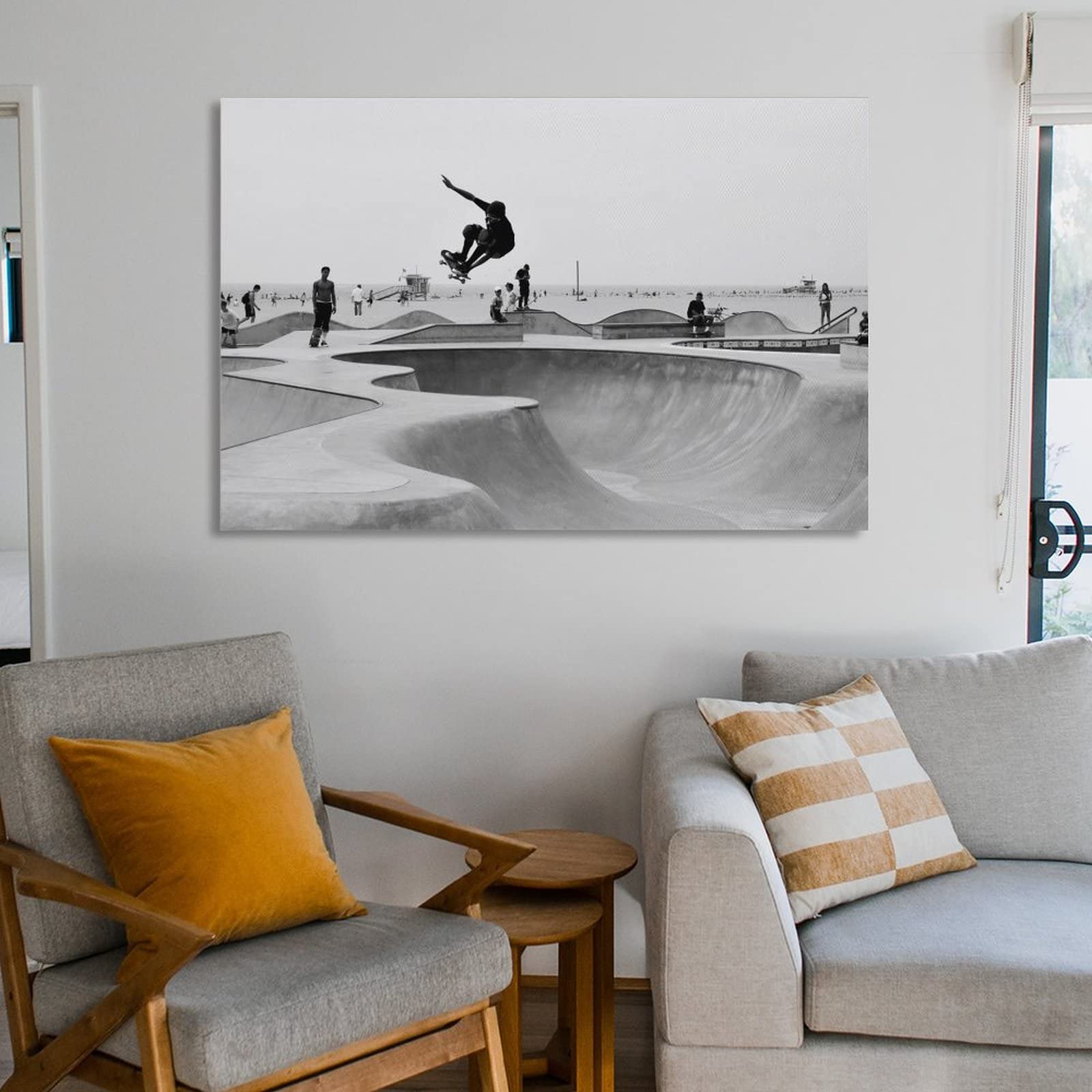 Classical Renaissance skateboard art mounted horizontally above modern furniture in color-drenched room