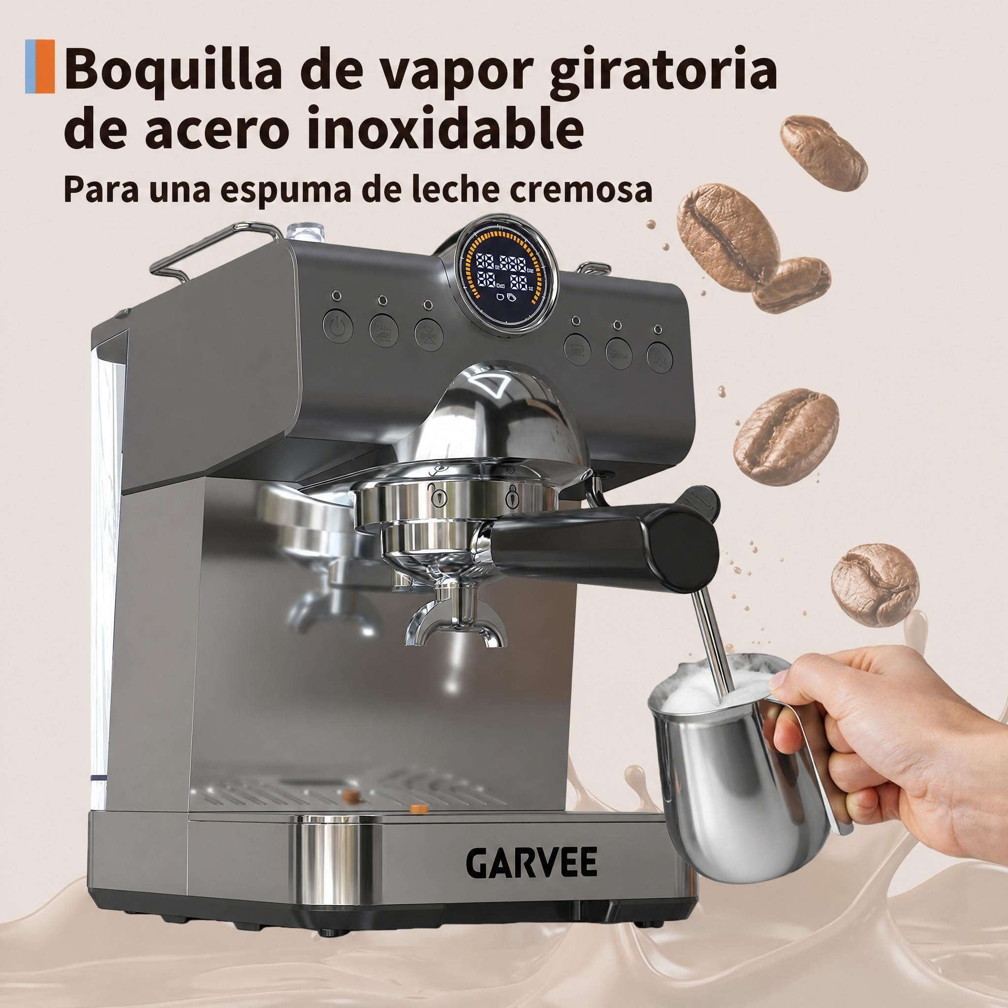 GarveeLife Cafetera Expreso Semiautomática 20 Bares con Vaporizador de Leche - Depósito 1,5L Thermoblock - Ideal para Uso Doméstico, Capuchino y Latte