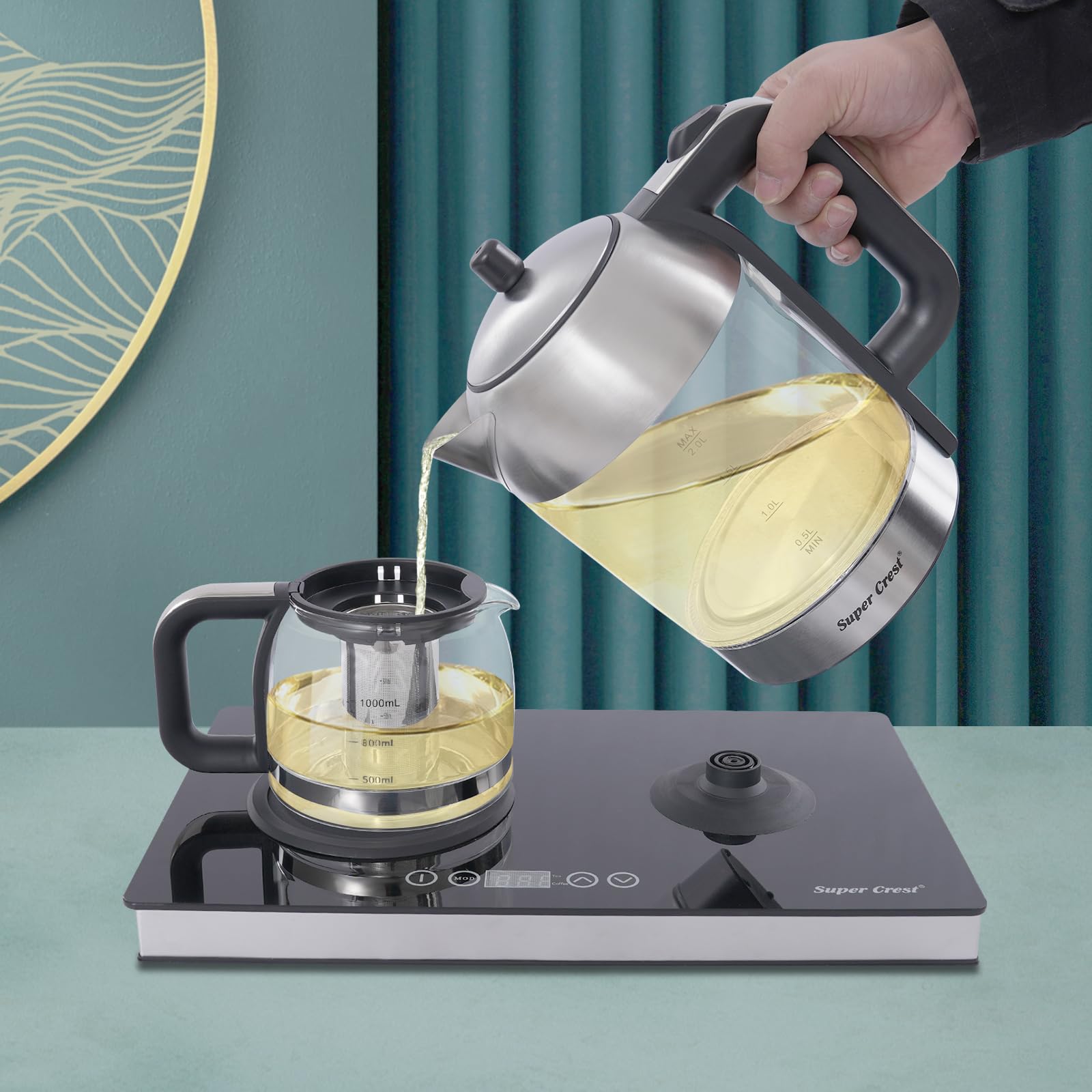 Estación de té y café en uno, base de hervidor de agua con pantalla LCD | Tetera de 2 litros y 1 L con filtro de acero inoxidable, ajuste de temperatura y sensor táctil, estación de té de 1500 W