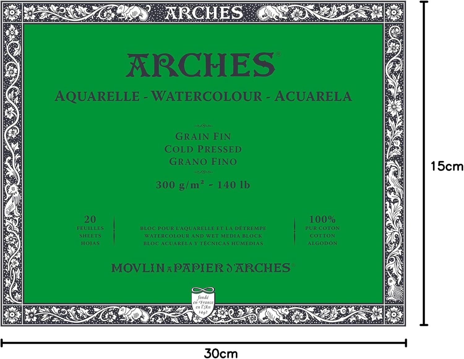 Arches Aquarelle Watercolor Block, Cold Pressed, 140lb/300gsm, 20 Sheet, 5.9x11.8 inch, Arches Watercolor Paper 100% Cotton