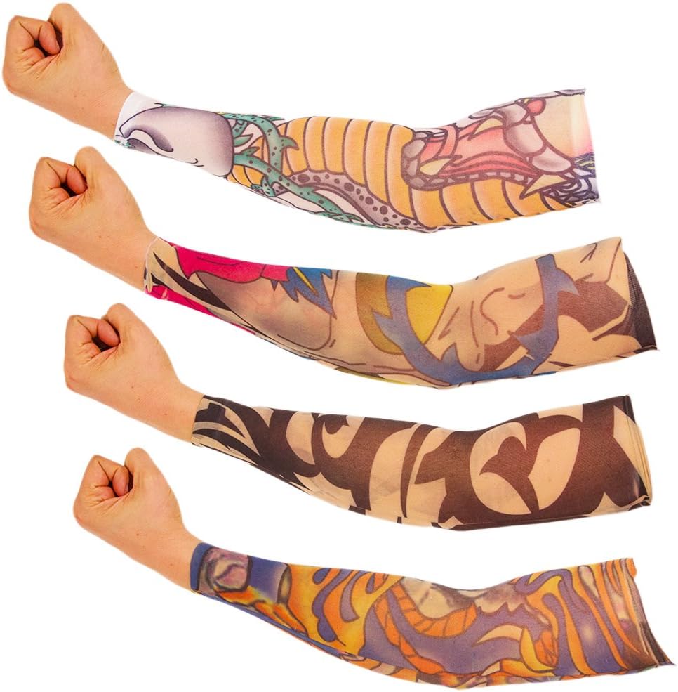 Crenstone Fake Tattoo Sleeves Set - 4 Tattoo Arm Sleeves (Tribal, Biker, Classic Tattoo Designs)