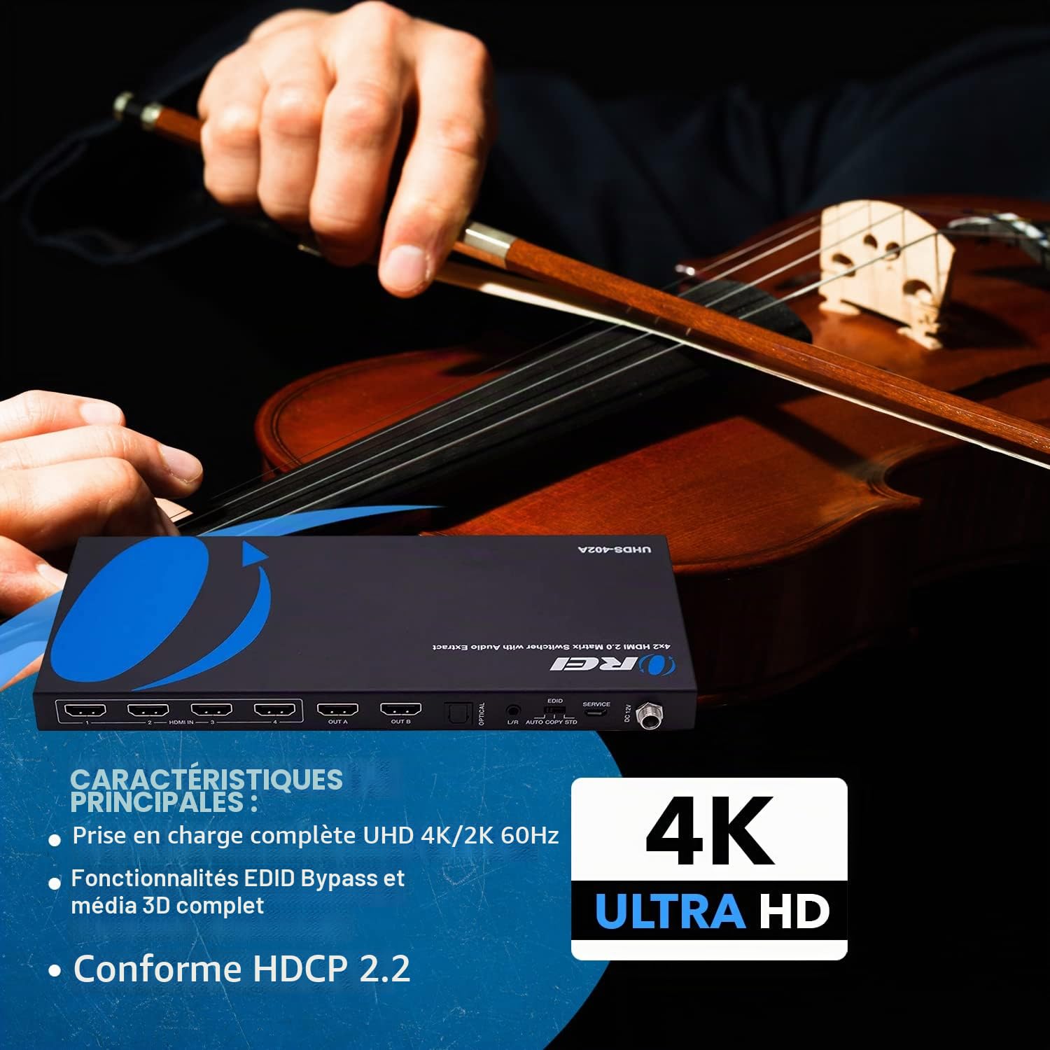 OREI Commutateur matriciel HDMI 4 x 2, commutateur 18 G UltraHD avec Arc Prend en Charge jusqu'à 4K @ 60 Hz et 1080p IR Audio Extracteur Arc EDID HDCP 2. Télécommande – Sélection de Matrice complète