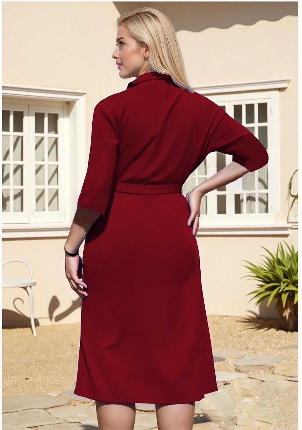 Hostoyo Women's Plus Size Pleated Midi Dress Comfortable Suit Collar 3/4 Sleeve Belted Casual Formal Work Church
