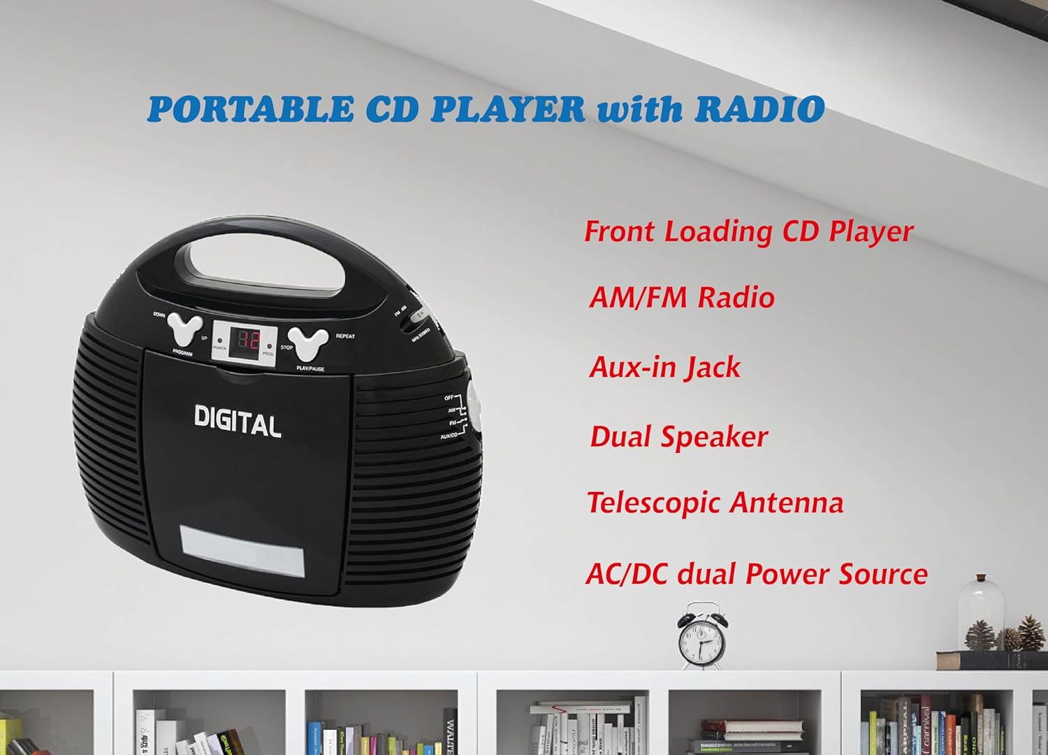 HANNLOMAX HX-327CD Portable CD Player with AM/FM Radio, Aux-in, AC/DC Dual Power Source. (Black)