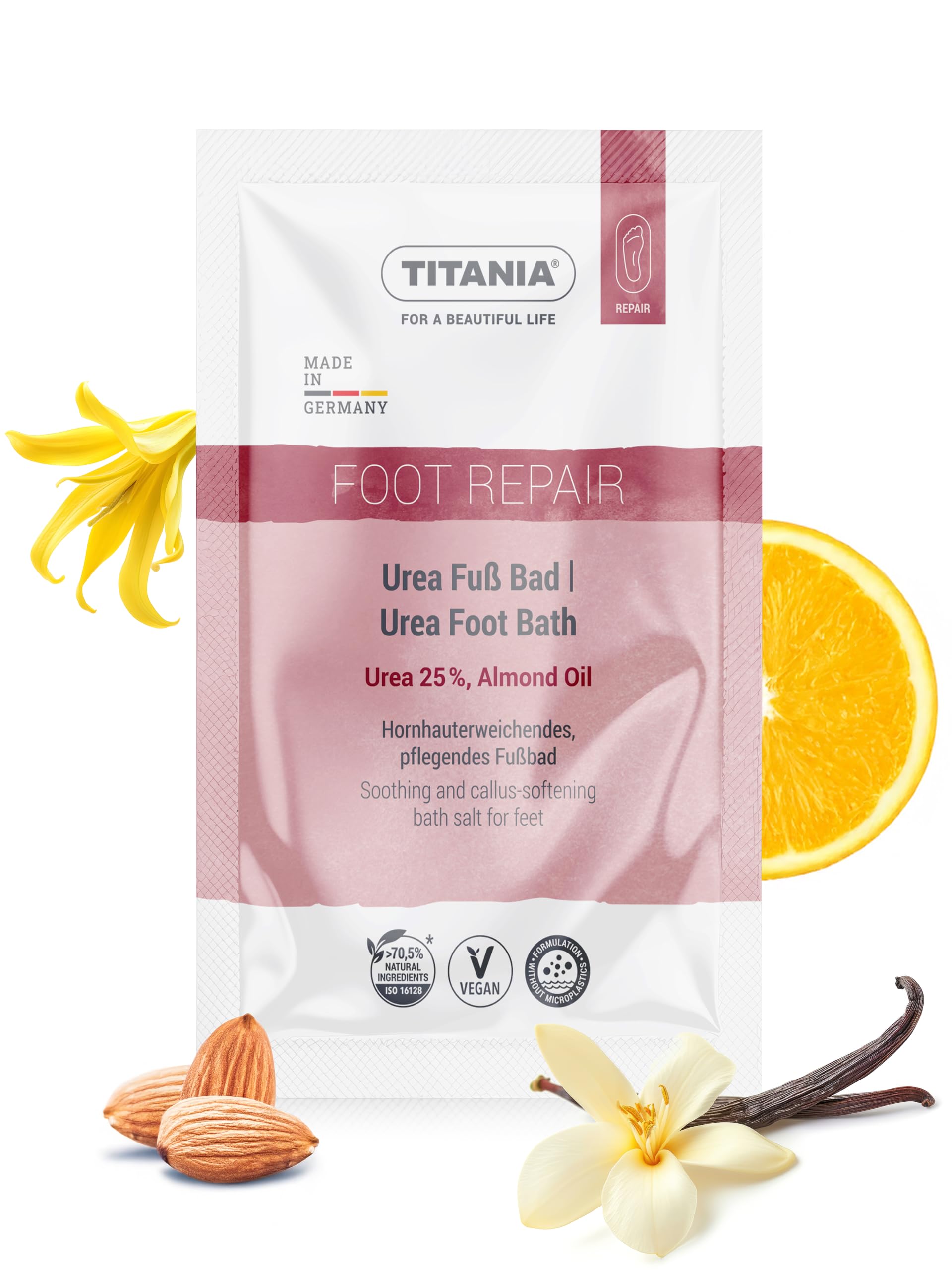 TITANIA® Urea sale da pediluvio 40 g, ammorbidisce la calli e nutre i piedi asciutti, 25% urea e olio di mandorle, vegano, senza microplastica, dermatologicamente testato, Made in Germany