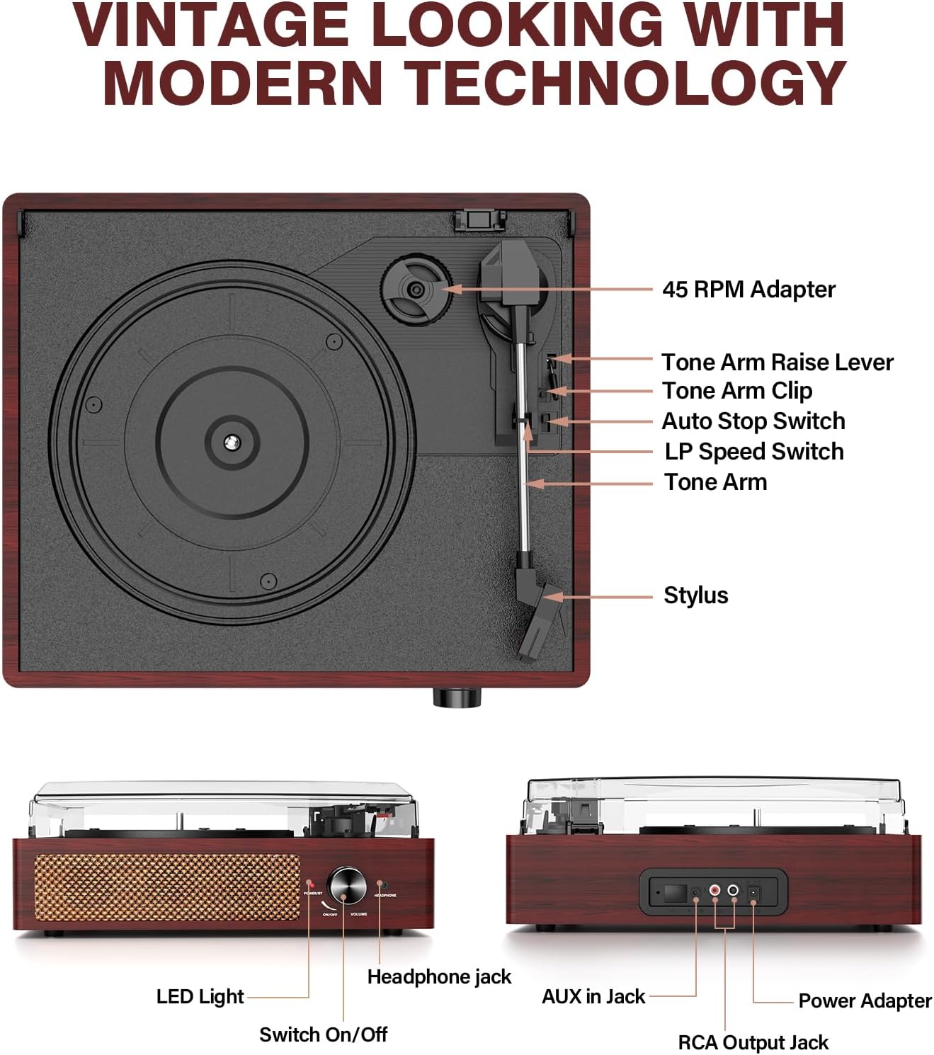 vinyl record player with 2 stereo speakers belt-driven vintage turntables 3 speed 3 size wireless bluetooth playback aux-in rca out headphone lp vinyl players auto stop red wood