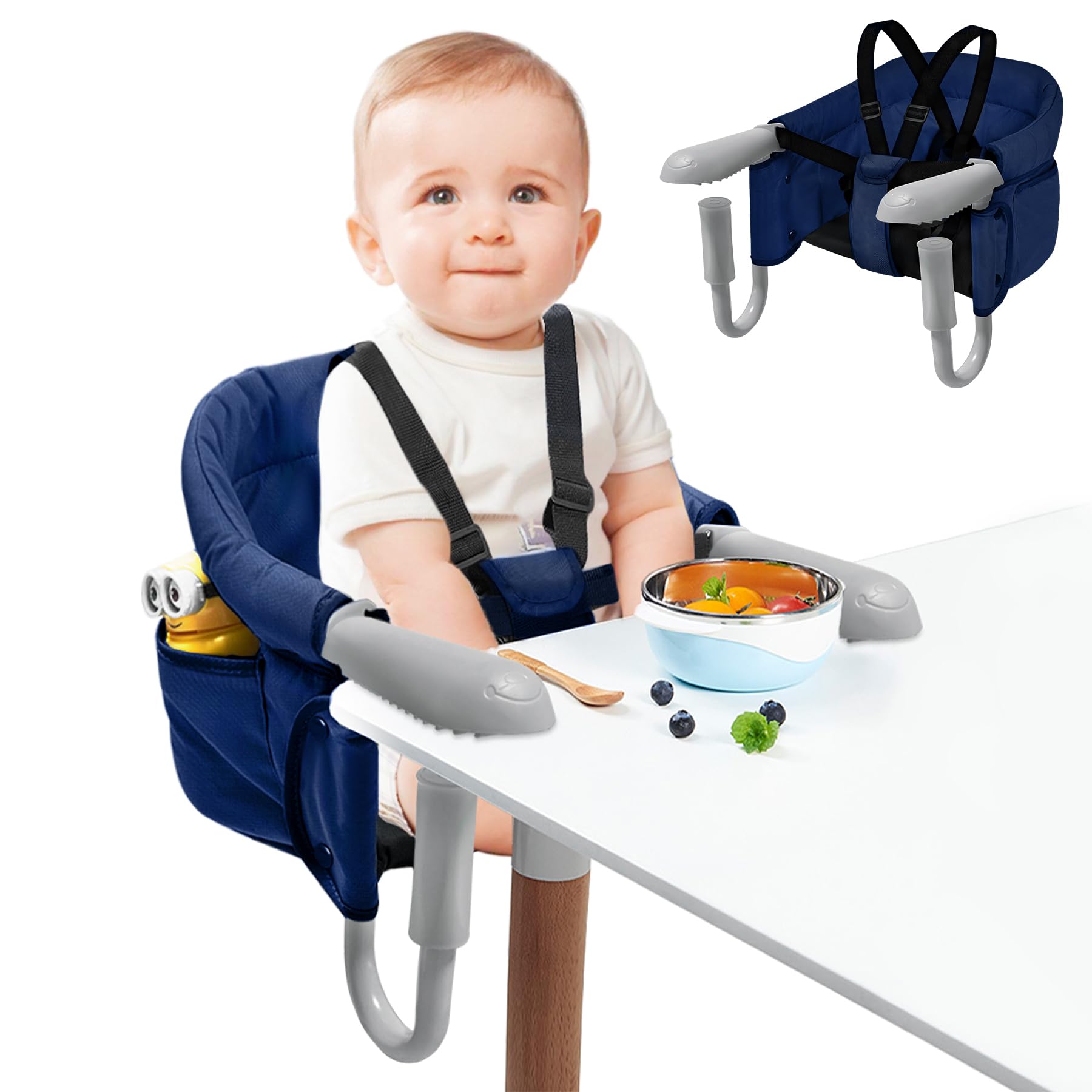 SUBTLETY Seggiolino da tavolo, pieghevole, con borsa per il trasporto, antiscivolo, con morsetti e borsa per la seduta, portatile, per tavolo da 2 a 8 cm di spessore, capacità di carico 15 kg, blu
