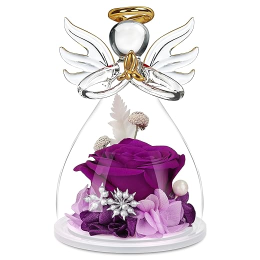Preserved Flower Rose Gifts in Glass Angel Figurines,Birthday Gifts for Women,Angel Rose Gifts for Her, Mom Gifts from Daughter Son, Mom Gifts for Christmas,Purple Real Rose Gifts for Mom Grandma Wife