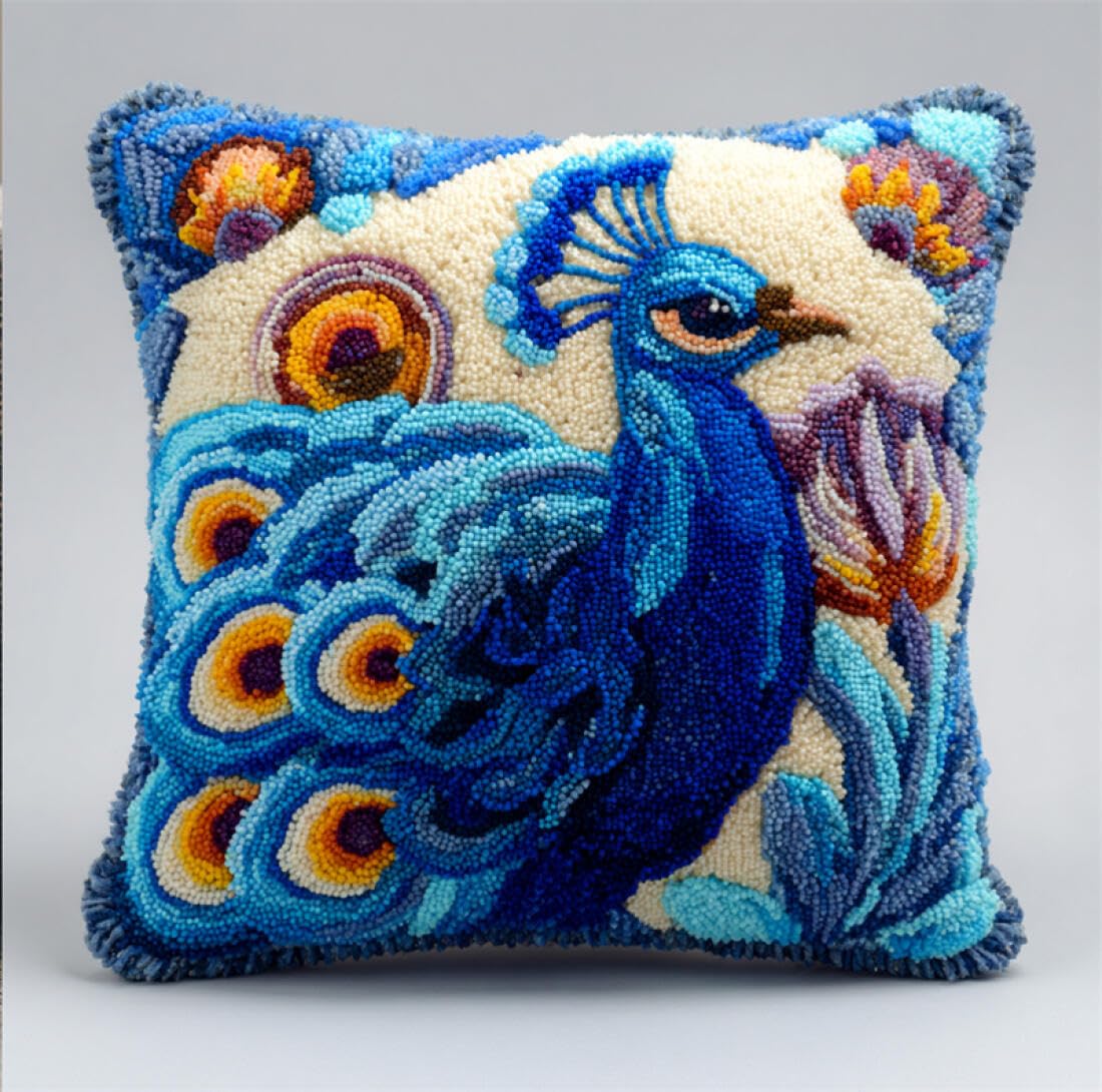 Kitquiver Animal Latch Hook Cushion Craft Kits Fantasy Peacock Cushion Pillow Front Chunky Cross Stitch Kits DIY Embroidery Needlepoint Kit for Home Décor 17x17In