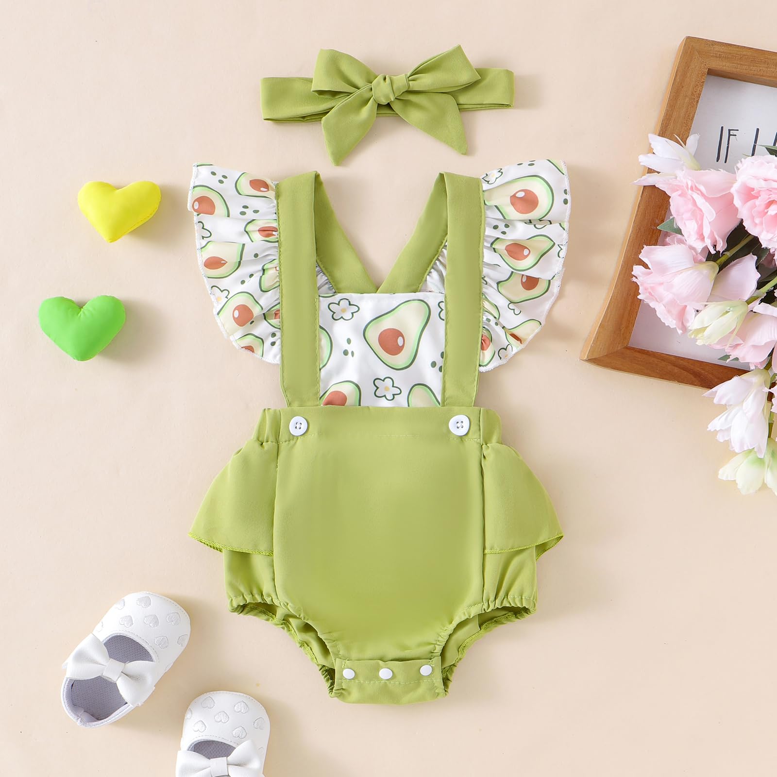 Karesoull Cute Newborn Baby Girl Overalls Clothes Set Summer Fly Sleeves Romper with Bow headband Infant Outfit (Green, 6-9 Months)