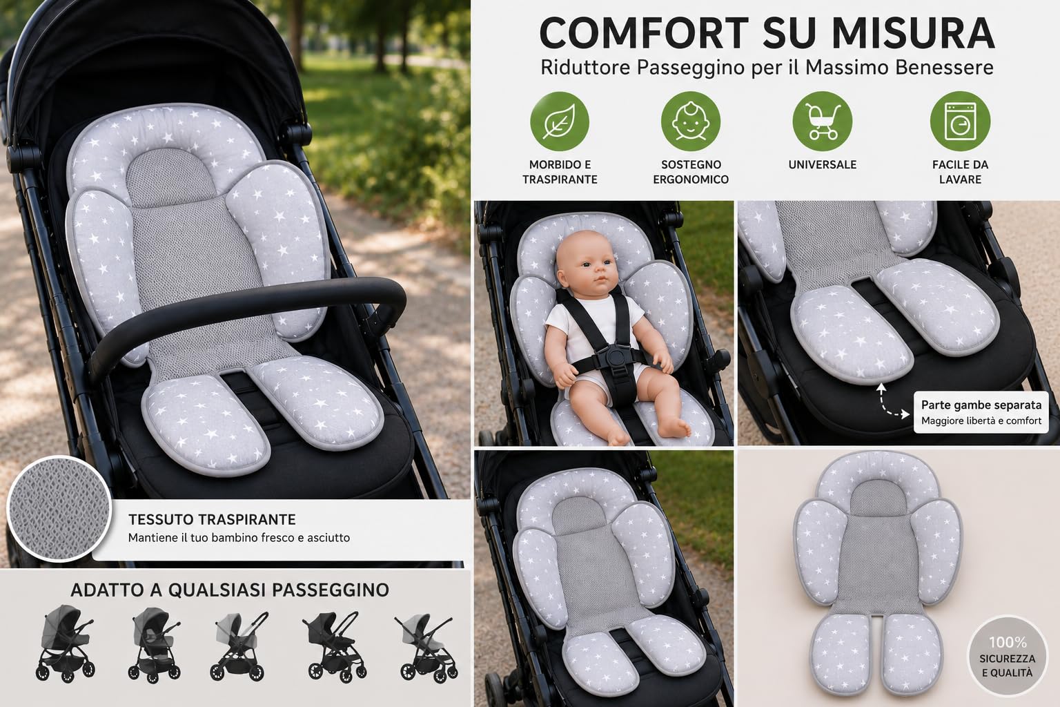 Riduttore Passeggino Universale per Ovetto Neonato Seggiolone Imbottito Traspirante Antisudore e Leggero Incluso Set Ganci Passeggino Universali Non uso auto